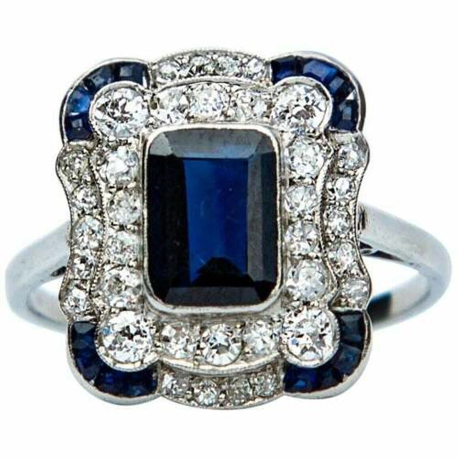 5.85Ct Art Deco Style Lab Created Sapphire Engagement 14K White Gold Finish Ring