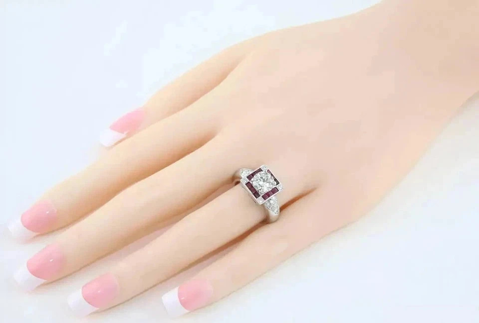 Art Deco Style Lab Created Diamond & Ruby 14K White Gold FN Engagement Ring