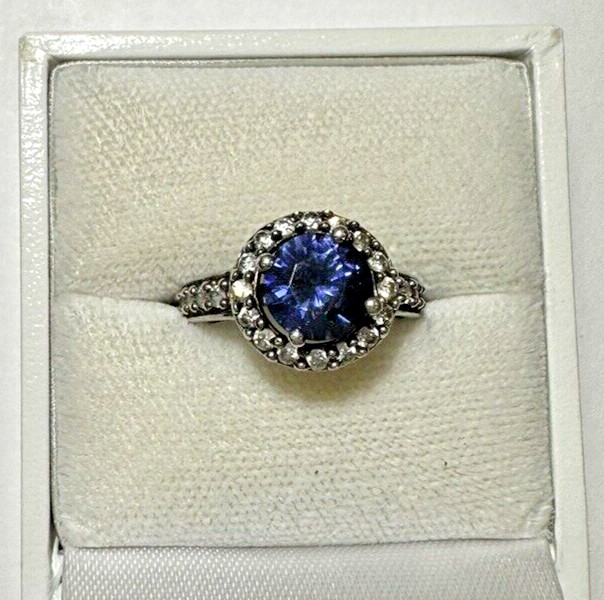 Vintage Silver Cluster CZ Blue Purple Sapphire Amethyst Rhinestone Sz5 Ring DA1