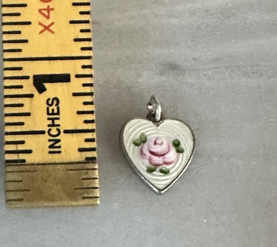Victorian Era Sterling Silver & Guilloche Enamel Pink Rose Heart Charm