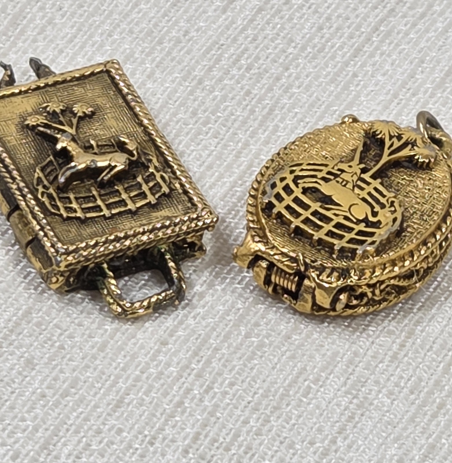 Vtg Corday Charms Set Of 2 Solid Perfume Unicorn In Captivity Rectangle & Oval
