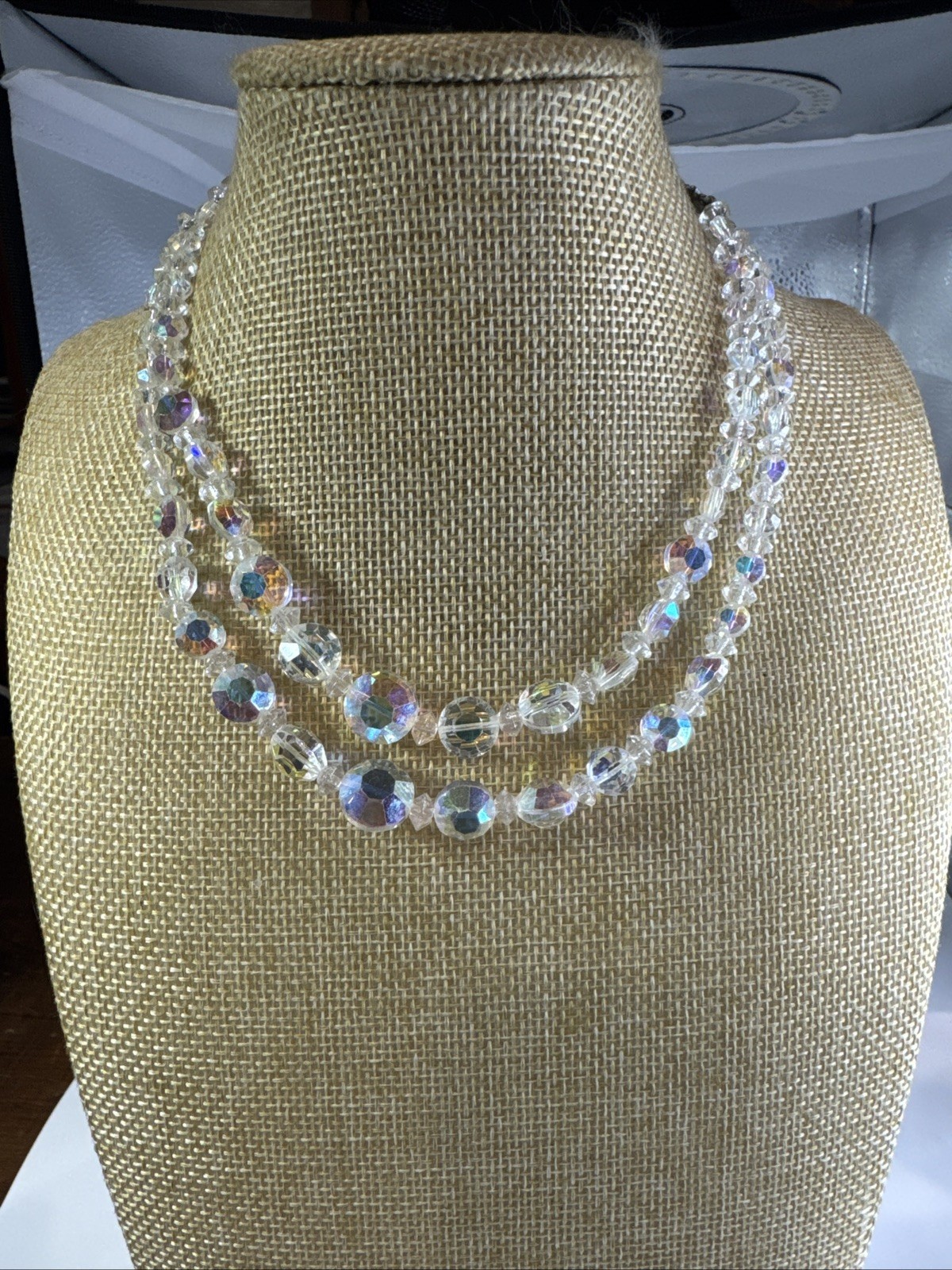 Vtg Crystal/Rhinestone Double Strand Choker Bead Hook Closure graduated 14-16”