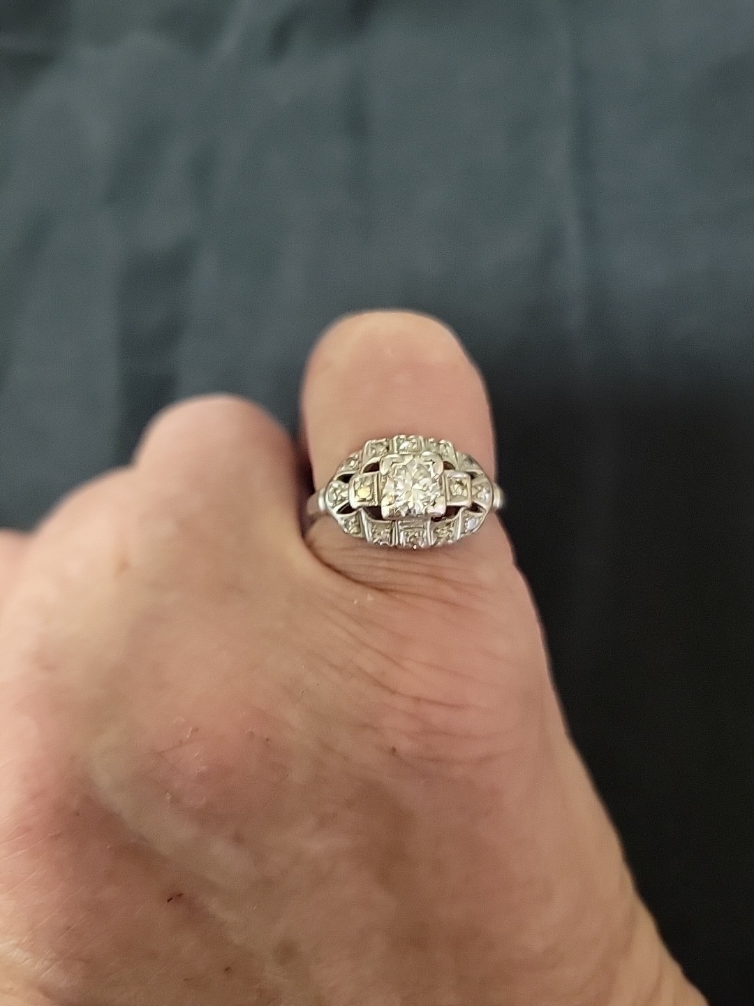 Vintage Mine Cut Diamond Ring 14K White Gold Art Deco Period