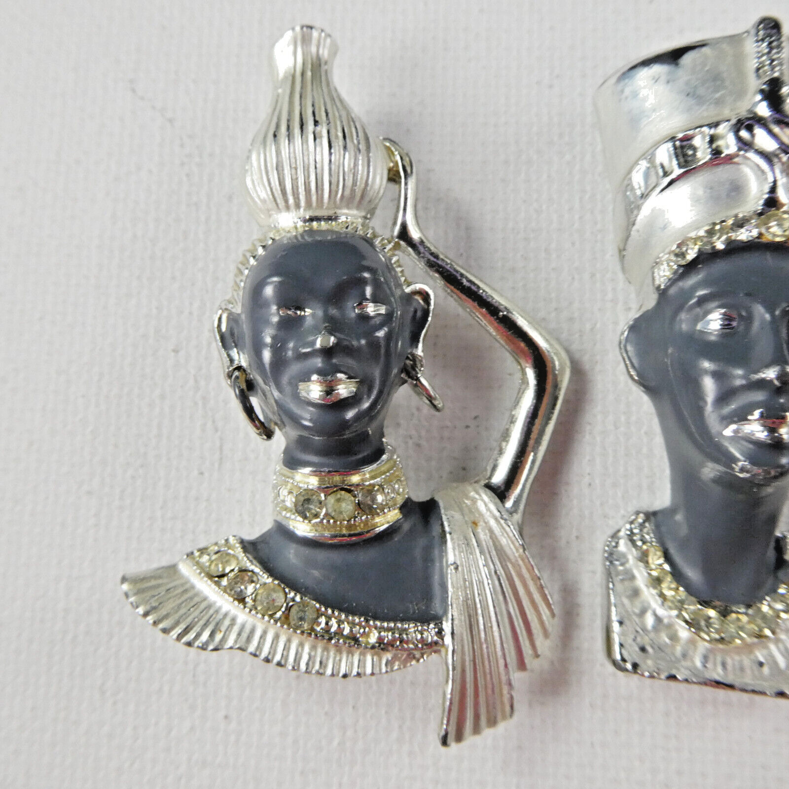 Vintage African Ethnic Pair Pin Brooch Set of 2 Gray Enamel Faces Crystal