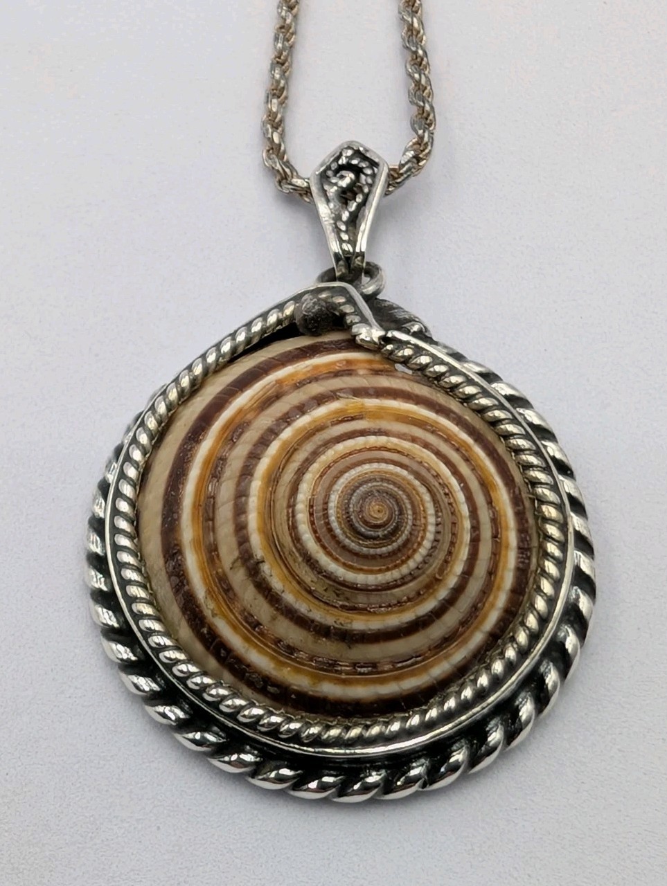 Vtg 925 Sterling Silver Sundial Seashell Pendant Necklace 18″ Italian Rope Chain