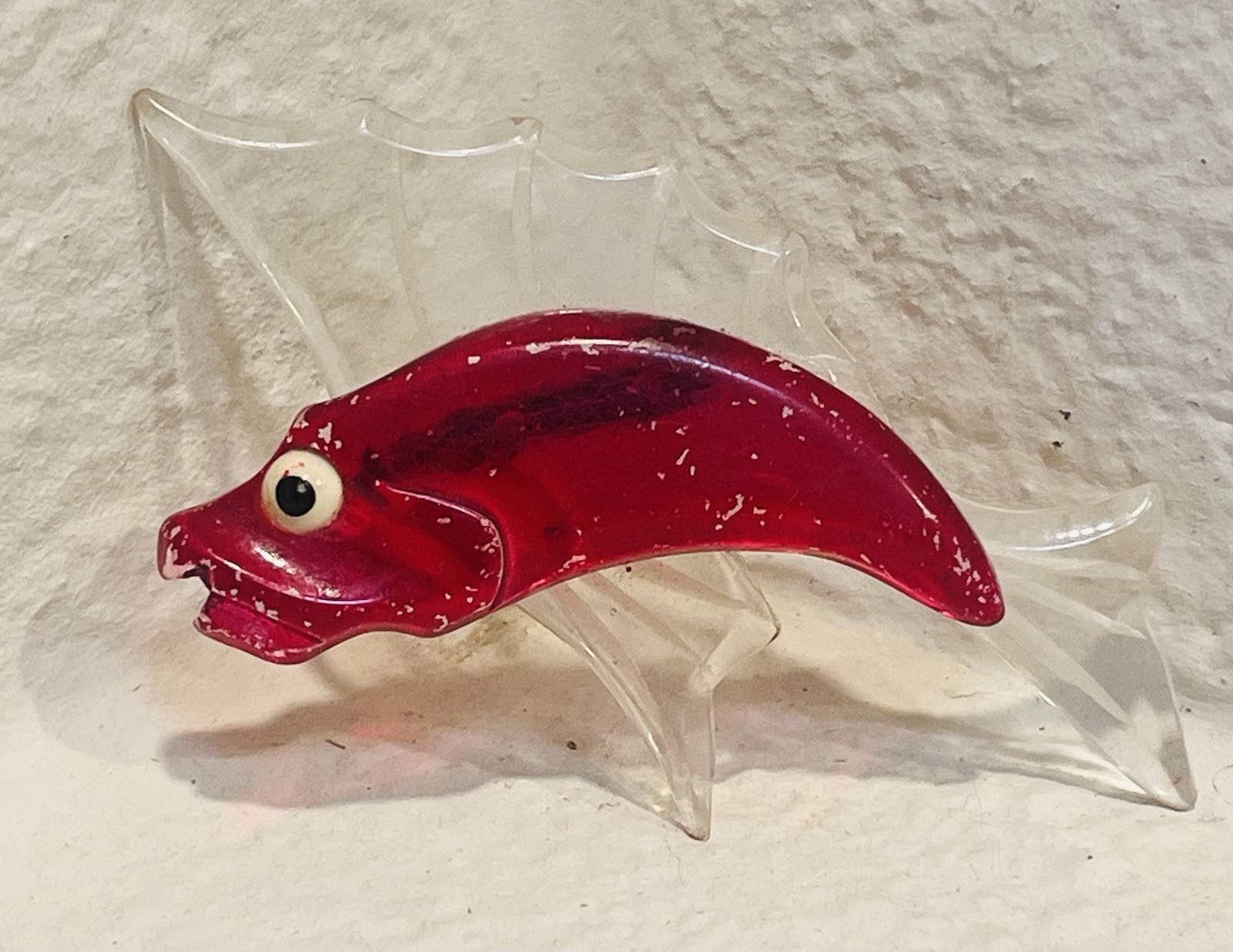 Vintage Lucite Red Fish Brooch w/ Clear Stylized Fins, “Googly Eye” 1940s-50s
