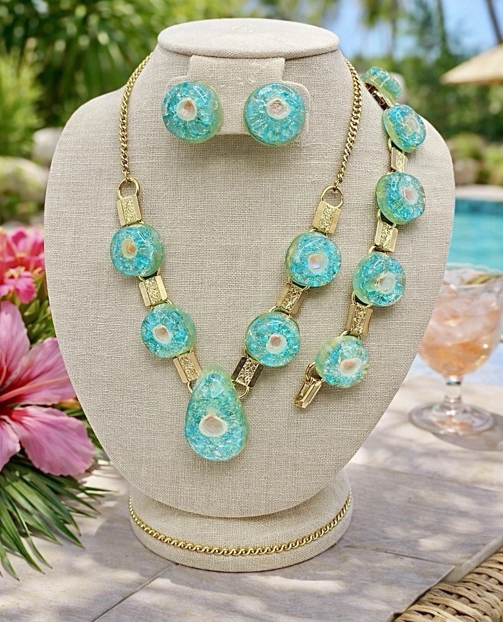 1960s Aqua Resin Necklace Bracelet Earring Set Mid Century Mod Statement