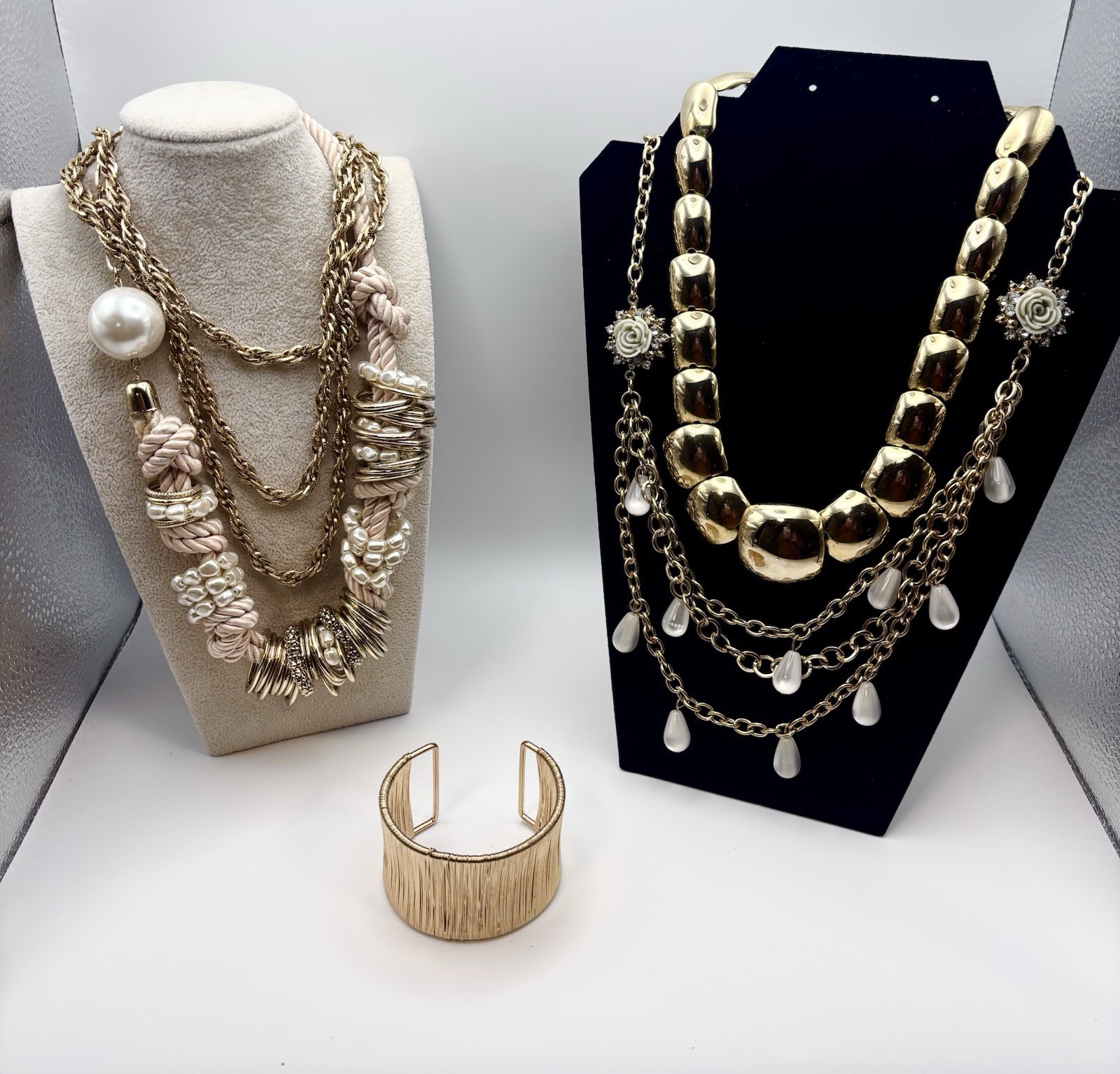 Vintage Lot High End Gold Tone 4 Costume Couture Layering Necklaces & Cuff