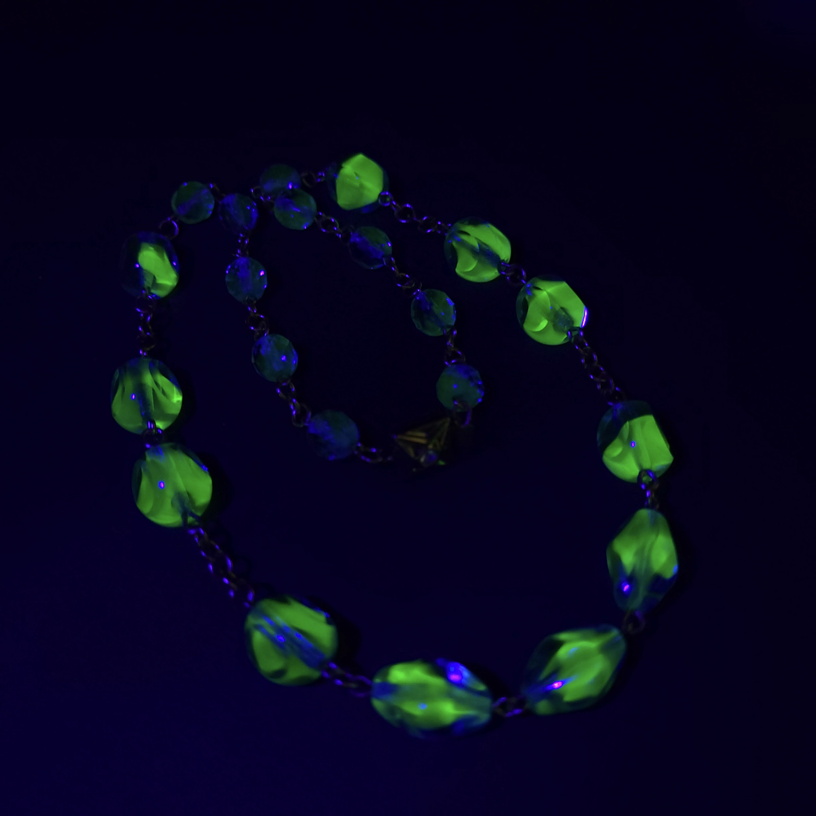 Uranium Necklace 18” Vaseline Blue Glass Czech Vintage Beads Women`s Jewelry