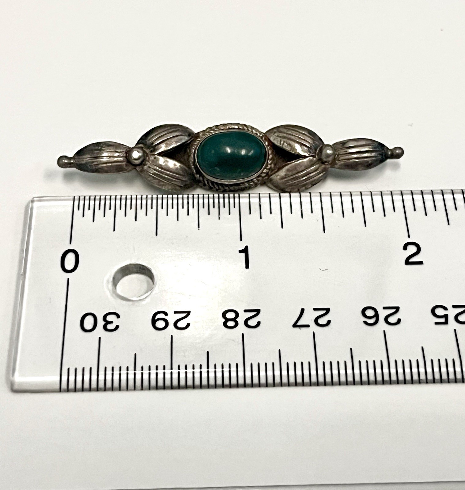 Antique Silver Bar Brooch with Green Center Stone – C Clasp