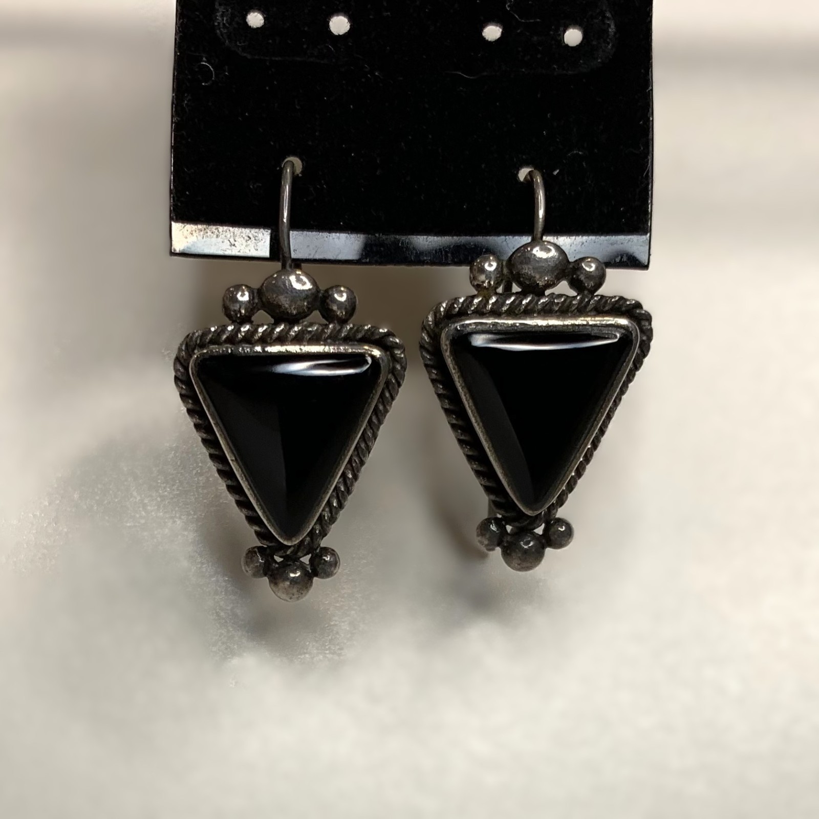Vintage Handcrafted Sterling Silver Black Onyx Hook Earrings Southwest