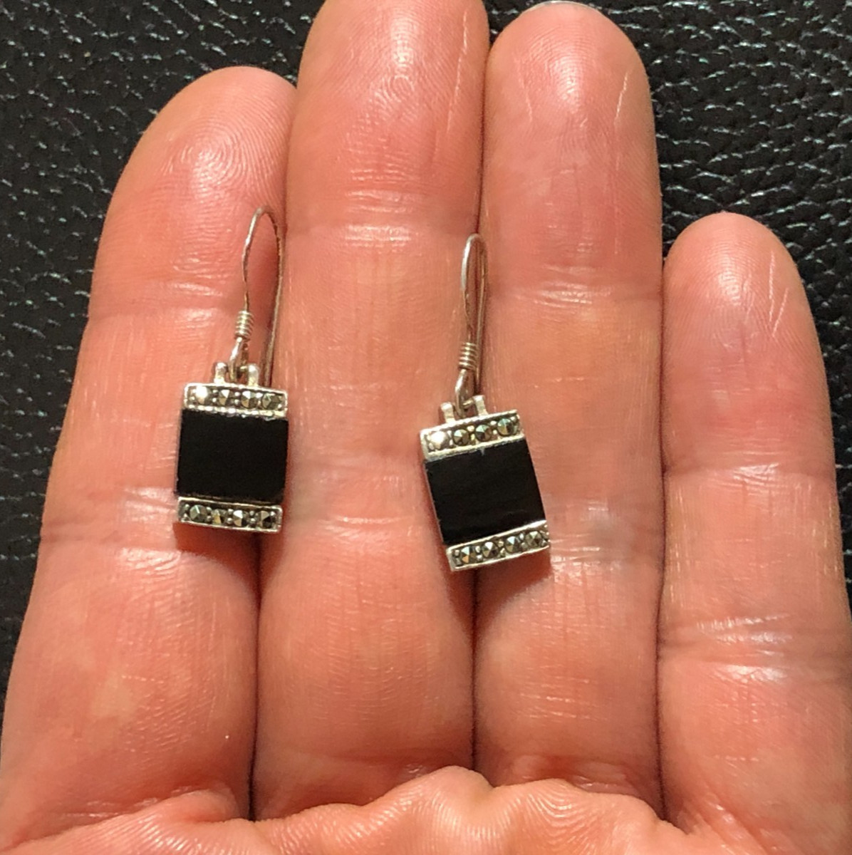 Vintage Sterling Silver Black Onyx Marcasite Dangle Earrings 925 Square 1″ 7806