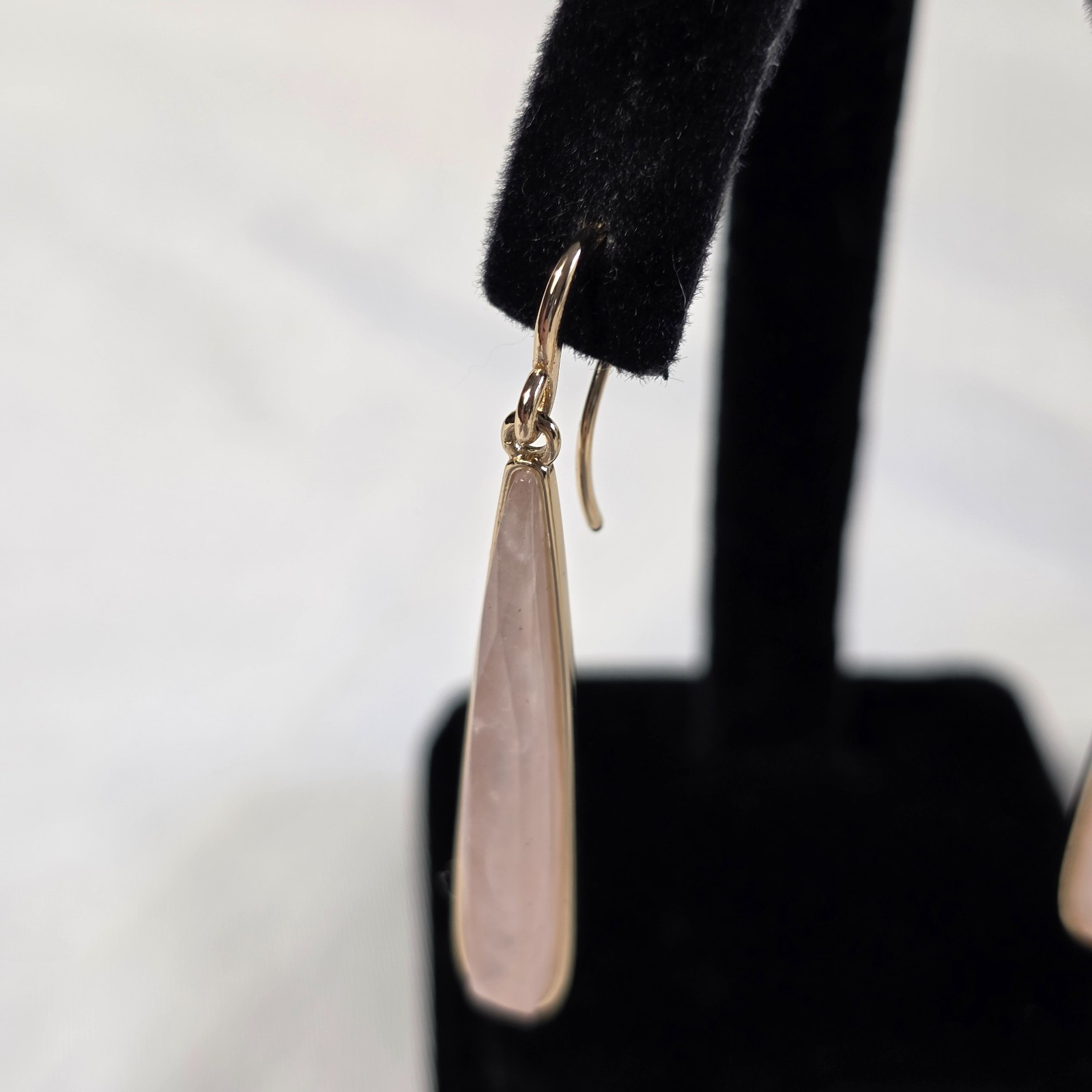 Linear Drop Wire Earrings Elongated Rose Quartz Teardrops in Gold-Tone Metal