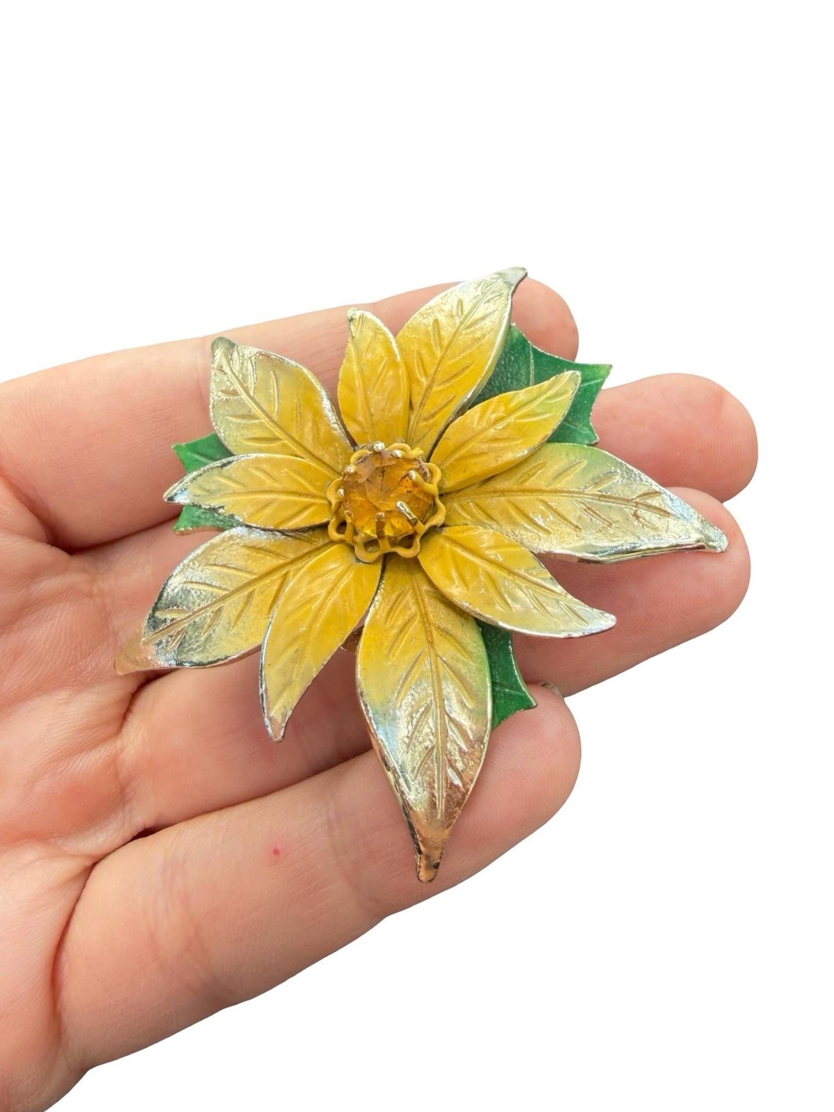 Vintage Jewelry Yellow Flower Brooch Unique Floral Pin with Rhinestone