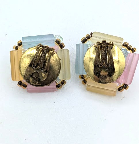 Vintage Pastel Earrings West Germany Lucite Clip On Beaded Mid Century