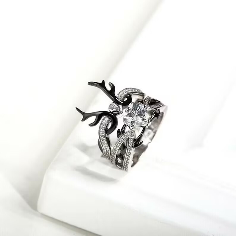 Beautiful Deer Antler Wedding Ring Set or Women With Heart Cut Moissanite Silver