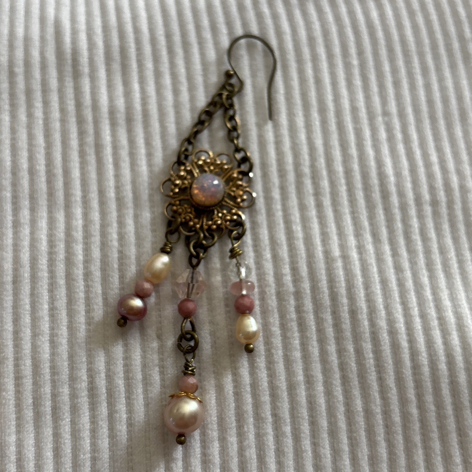 Vintage Boho Earrings Brass-Tone w/Opal-Glass on Alloy Filigree, Pearl+ danglers