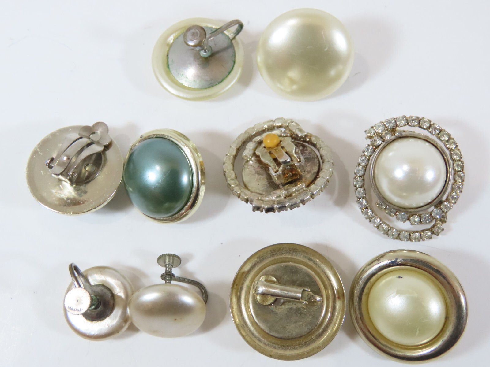 VTG Simulated Pearl Earring Lot Cabochon Dome Rhinestone Clip Screw Back D2078