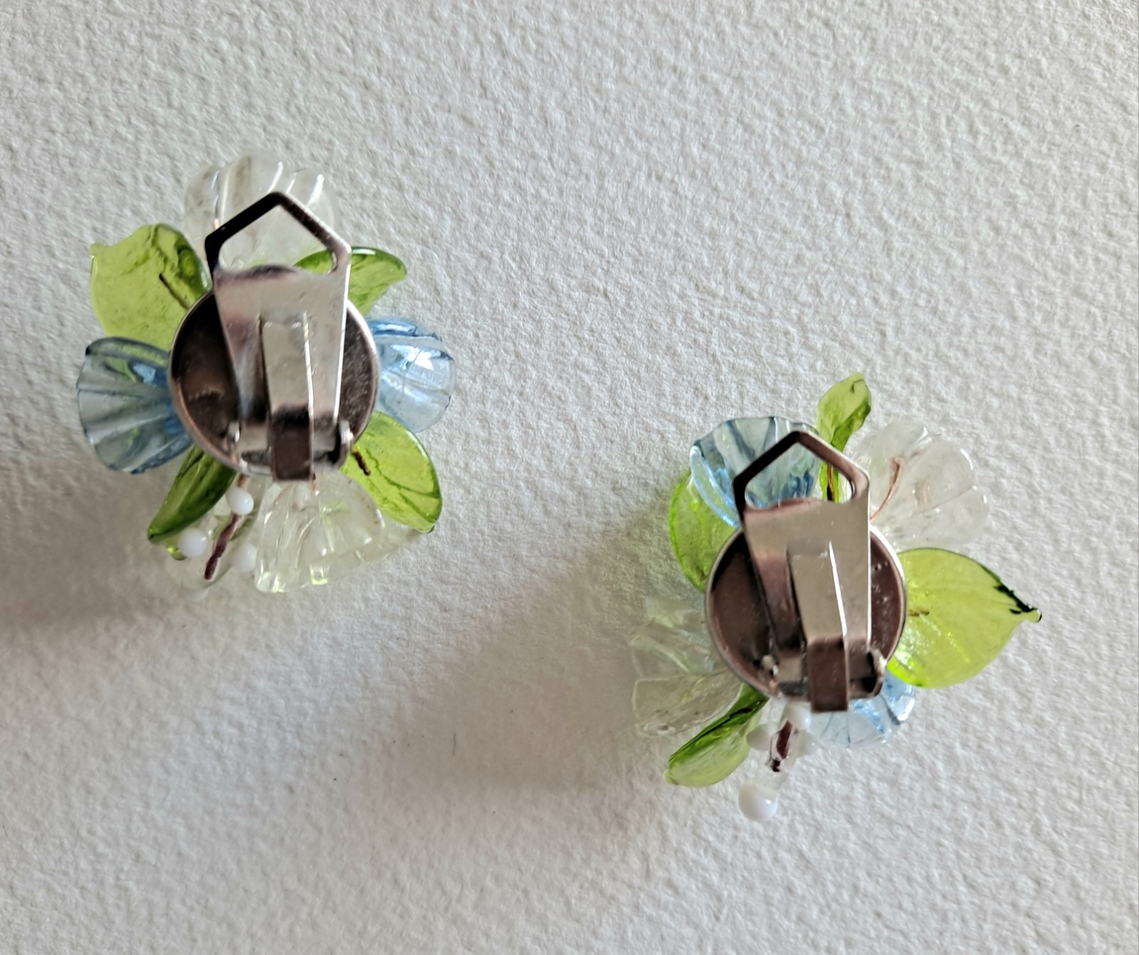 Vintage Italy Murano Blue Venetian Glass Flower Cluster Clip Earrings
