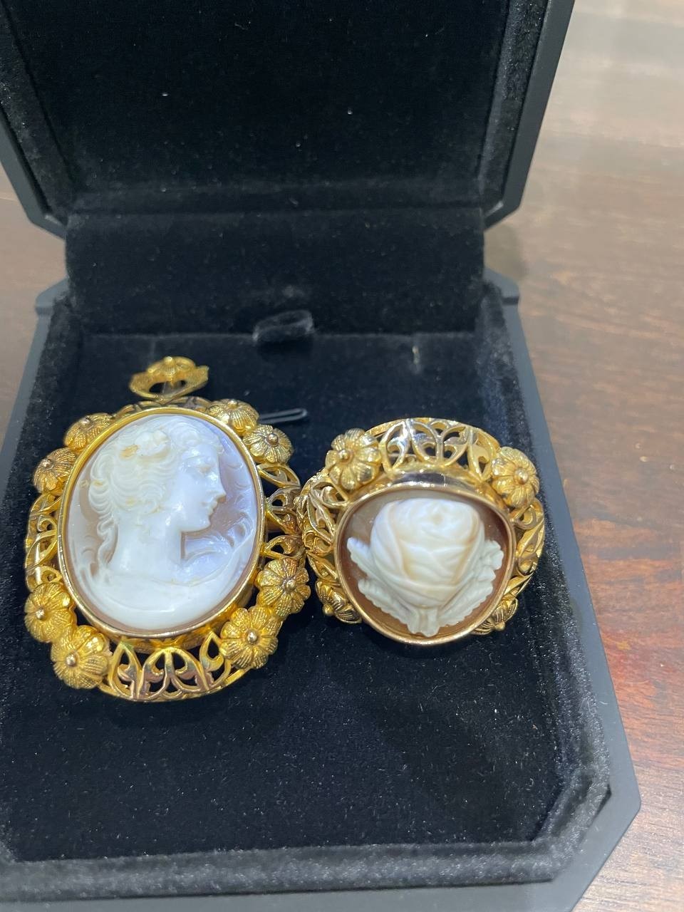 Vintage Cameo Set 14K Yellow Gold Brooch/Pendant & Carved Rose Ring 6.5 size