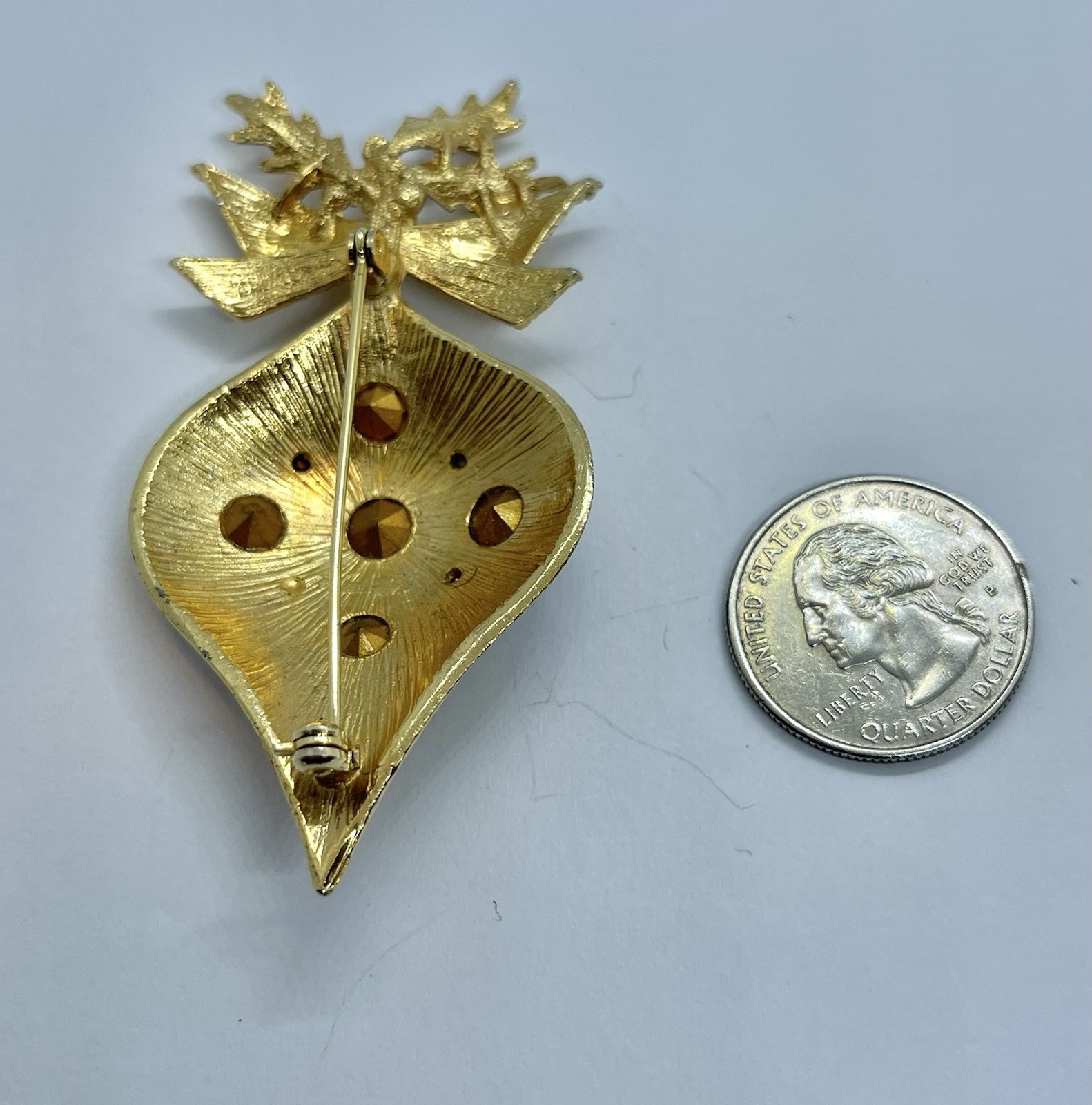 Vintage Large Multicolor Rhinestone Goldtone Bow Top Christmas Ornament Brooch