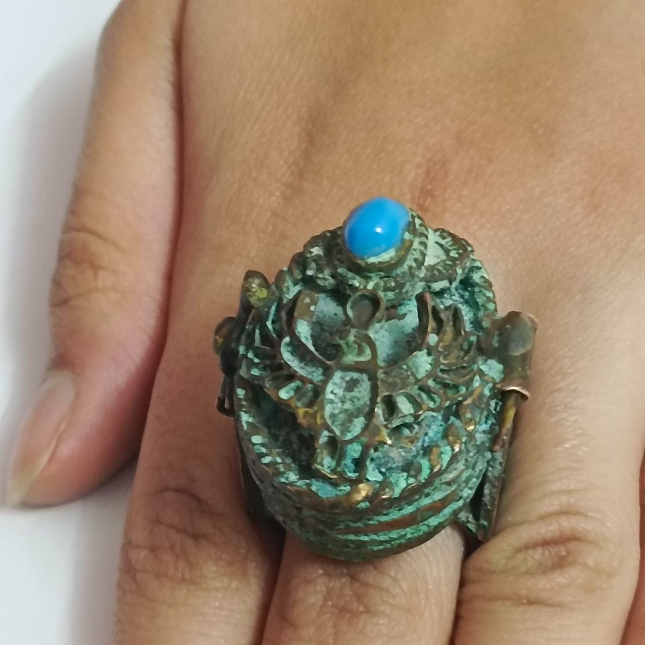 Rare Handmade Egyptian Falcon Copper Ring Turquoise Stone Antique Style Jewelry