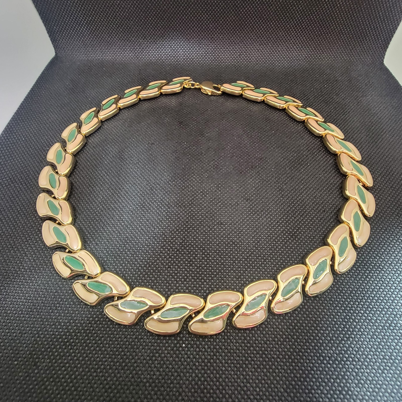 Vintage Enamel Necklace Bracelet Set Choker Link Gold Tone READ