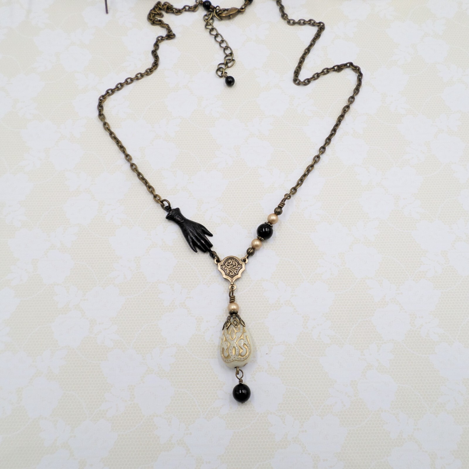 Victorian Reproduction Hand Necklace, Cream Black Gold Acrylic Metal Jewelry