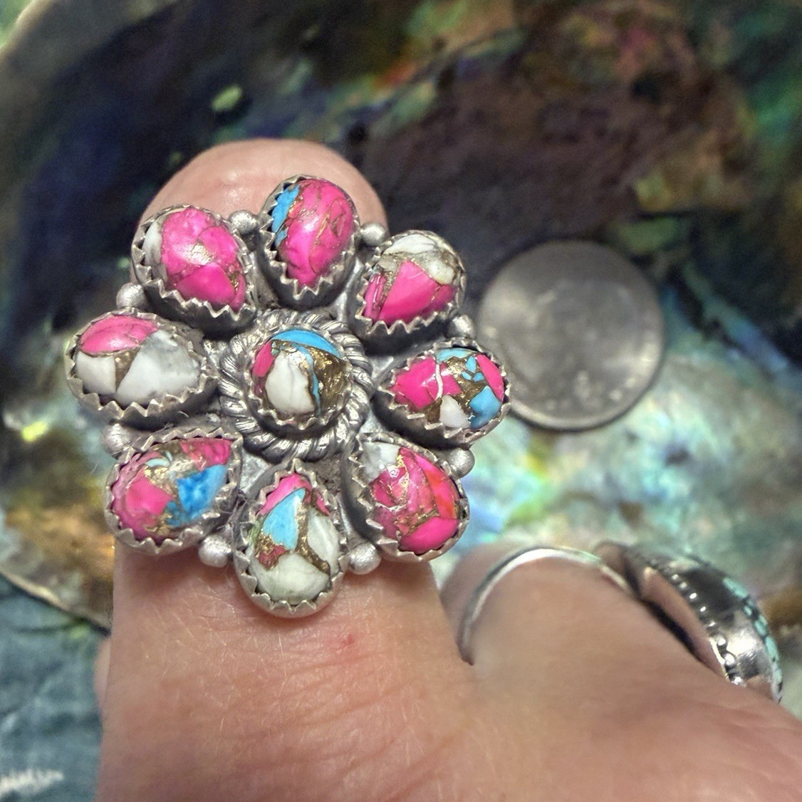 925 Sterling Silver Cotton candy turquoise Flower Cluster ring adjustable