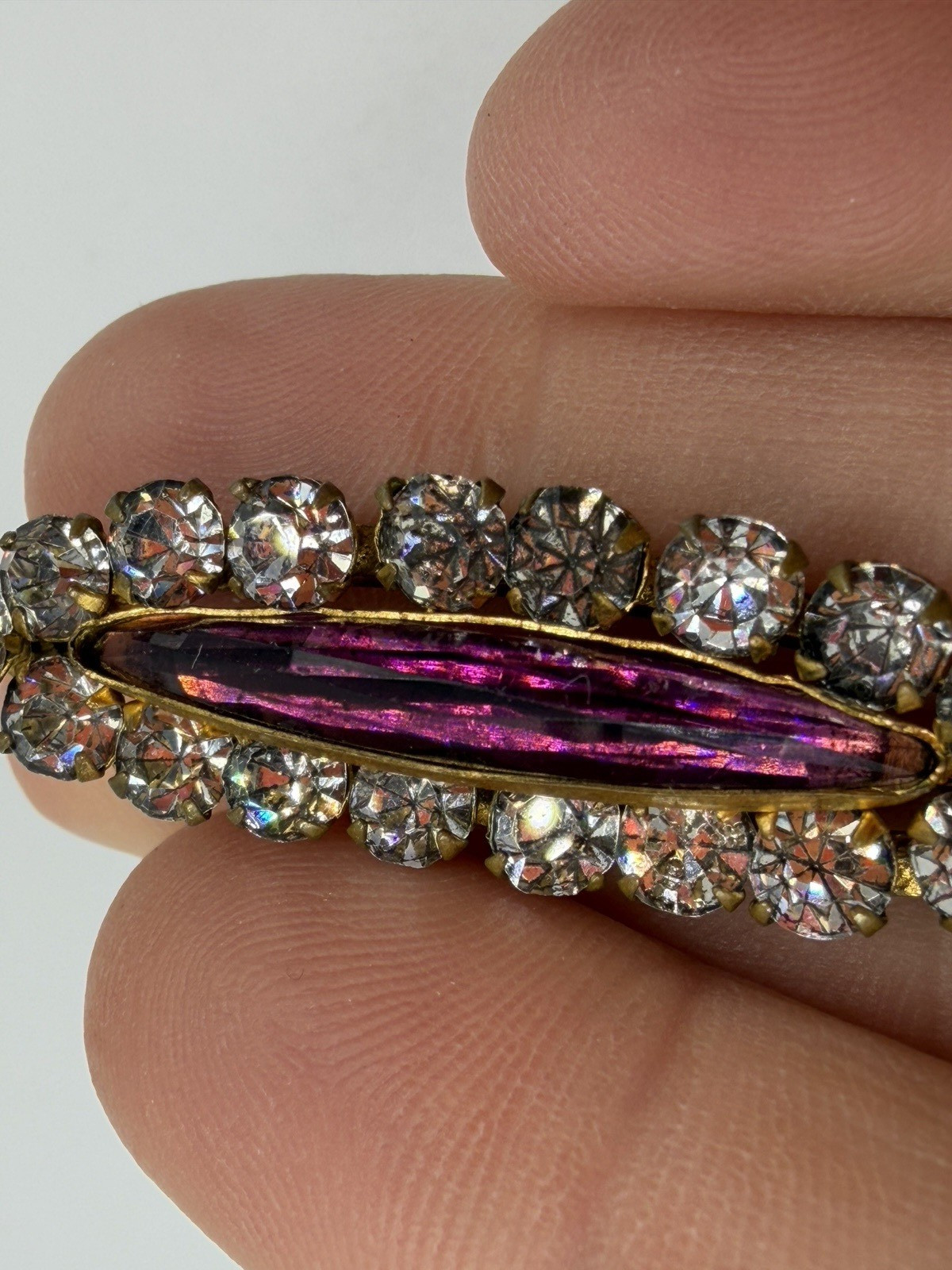 Vintage Brooch Victorian Purple Elongated Cut Glass C-Clasp Czech?