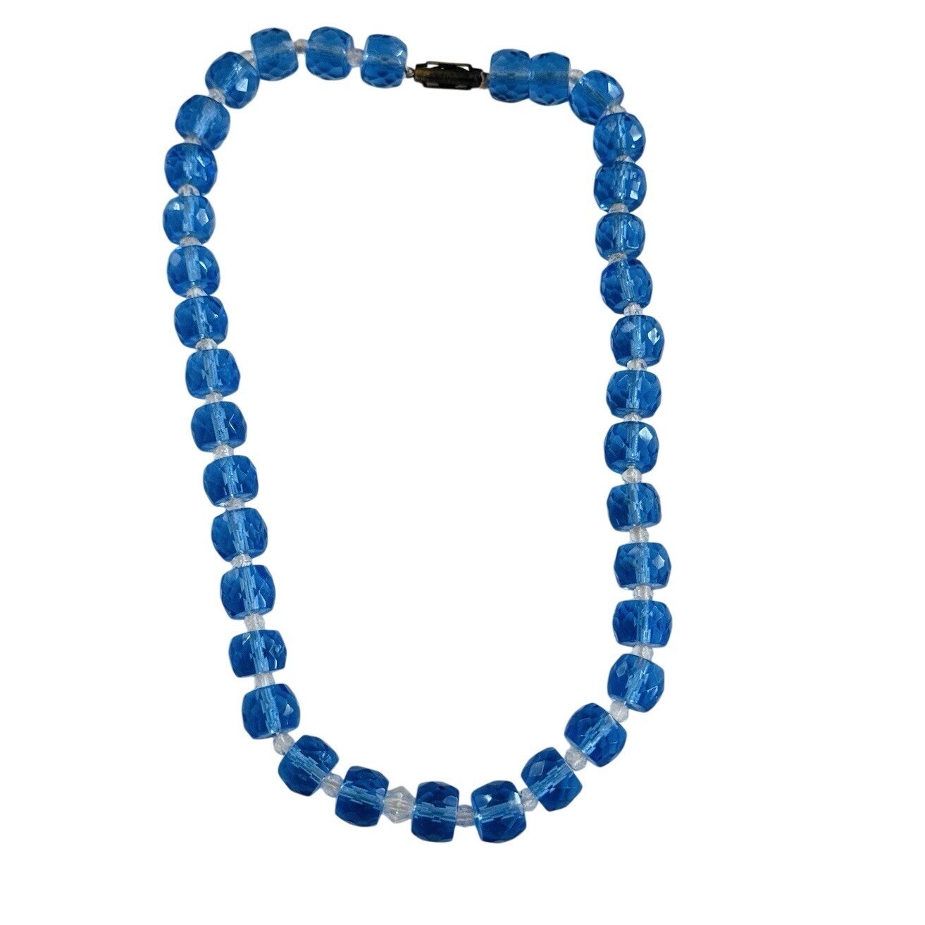 Vtg Czech blue choker Necklace Clear Blue Glass Carved Beaded Art Deco 16″