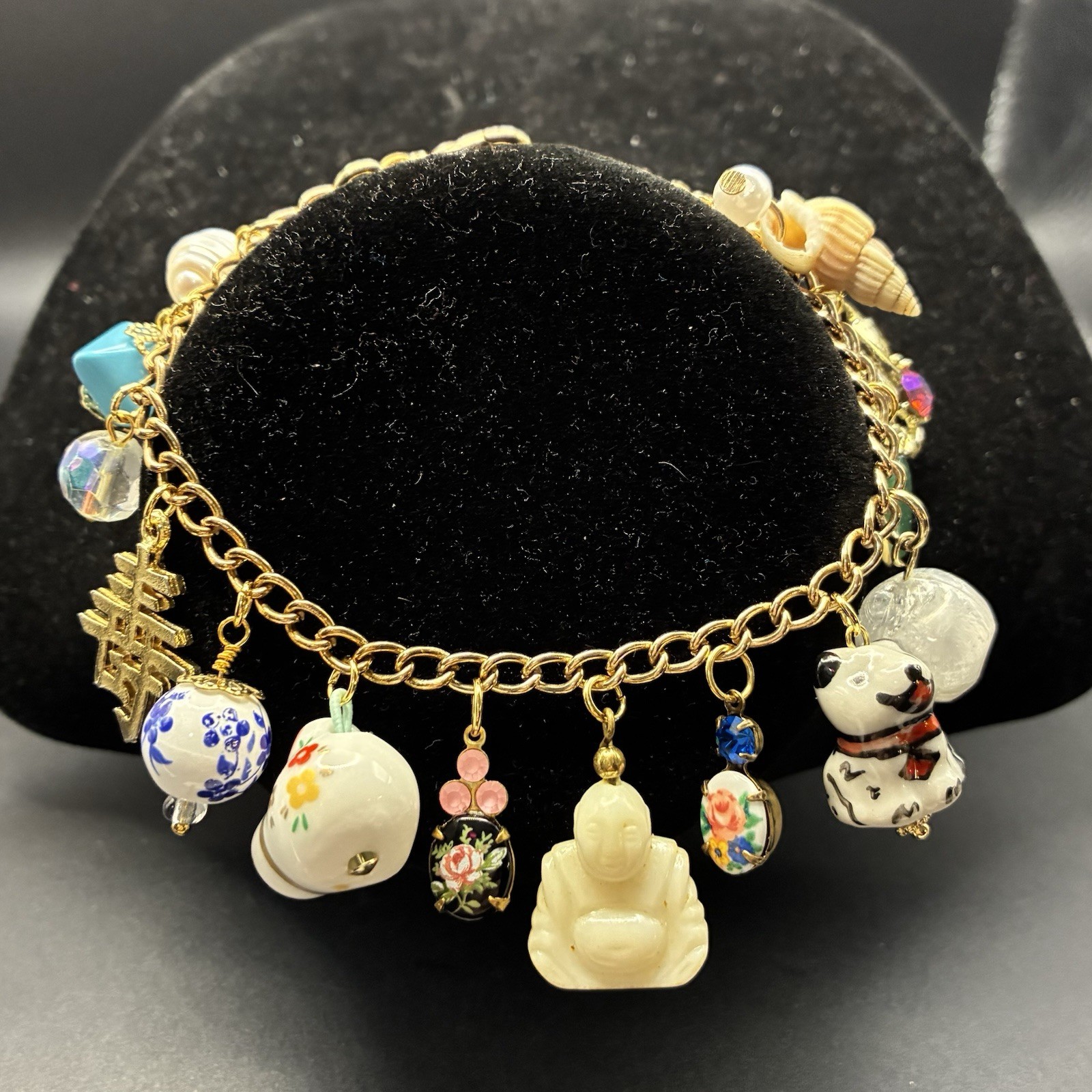 Vintage Eclectic Custom Charm Bracelet + Vtg Charms: Dog, Rabbit,Floral, Buddha+