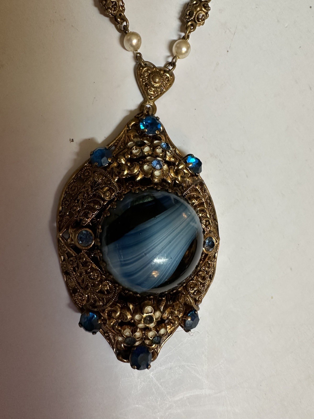 Vintage West Germany Peacock Blue Cabochon Rhinestones Filigree 24” Necklace