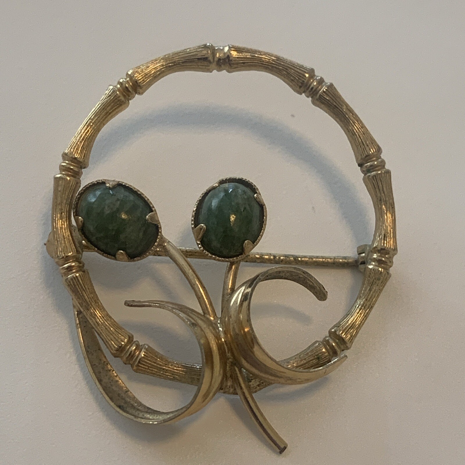 Vintage Signed KL Kordes & Lichtenfels Gold Filled 12K GF Jade Pin Brooch Flower