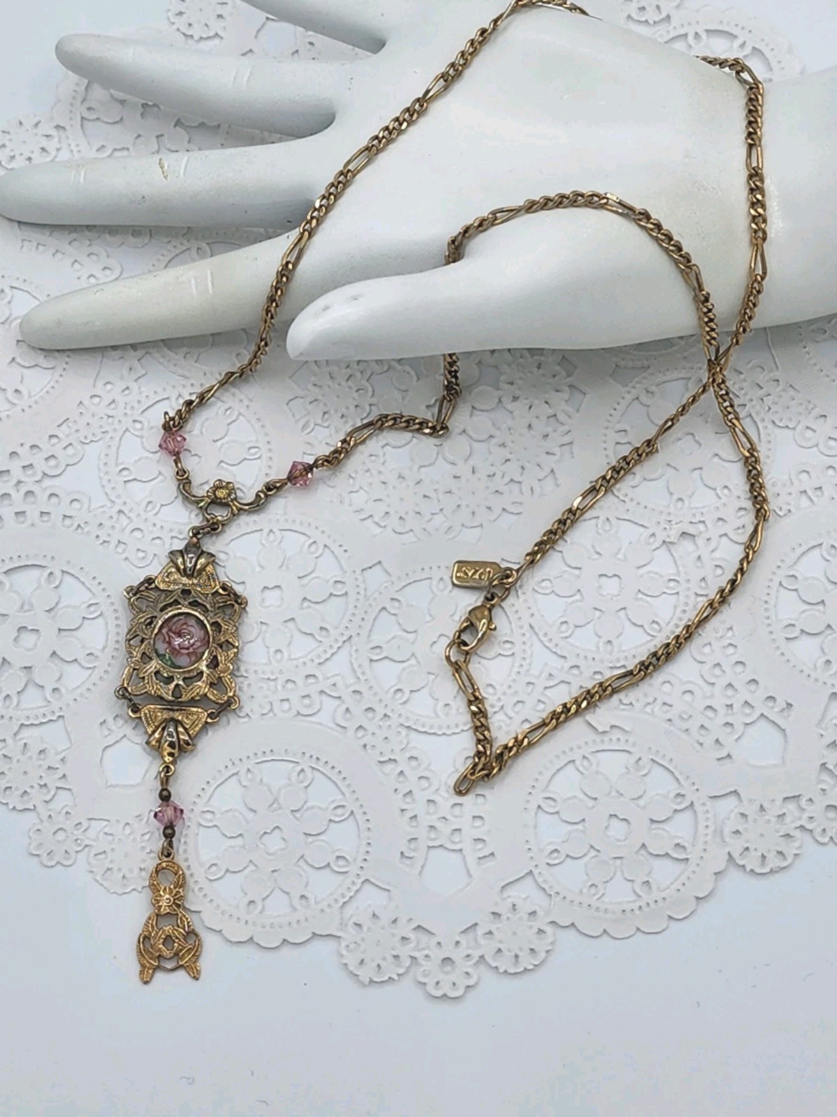 1928 Victorian Deco Porcelain Rose Pink Crystal Pendant Necklace 23″