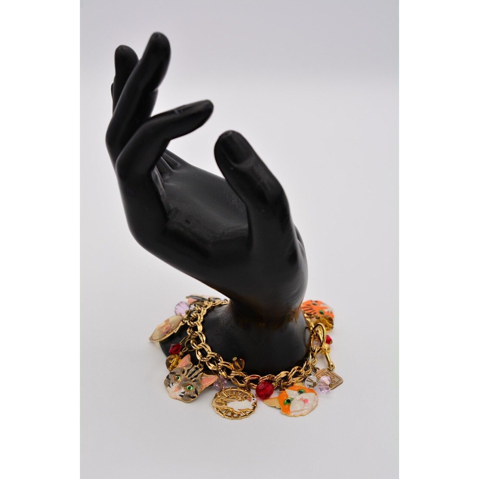 Lunch at The Ritz Vintage Cat Charm Bracelet Bird Fish Crystal Signed 1990s Bin6