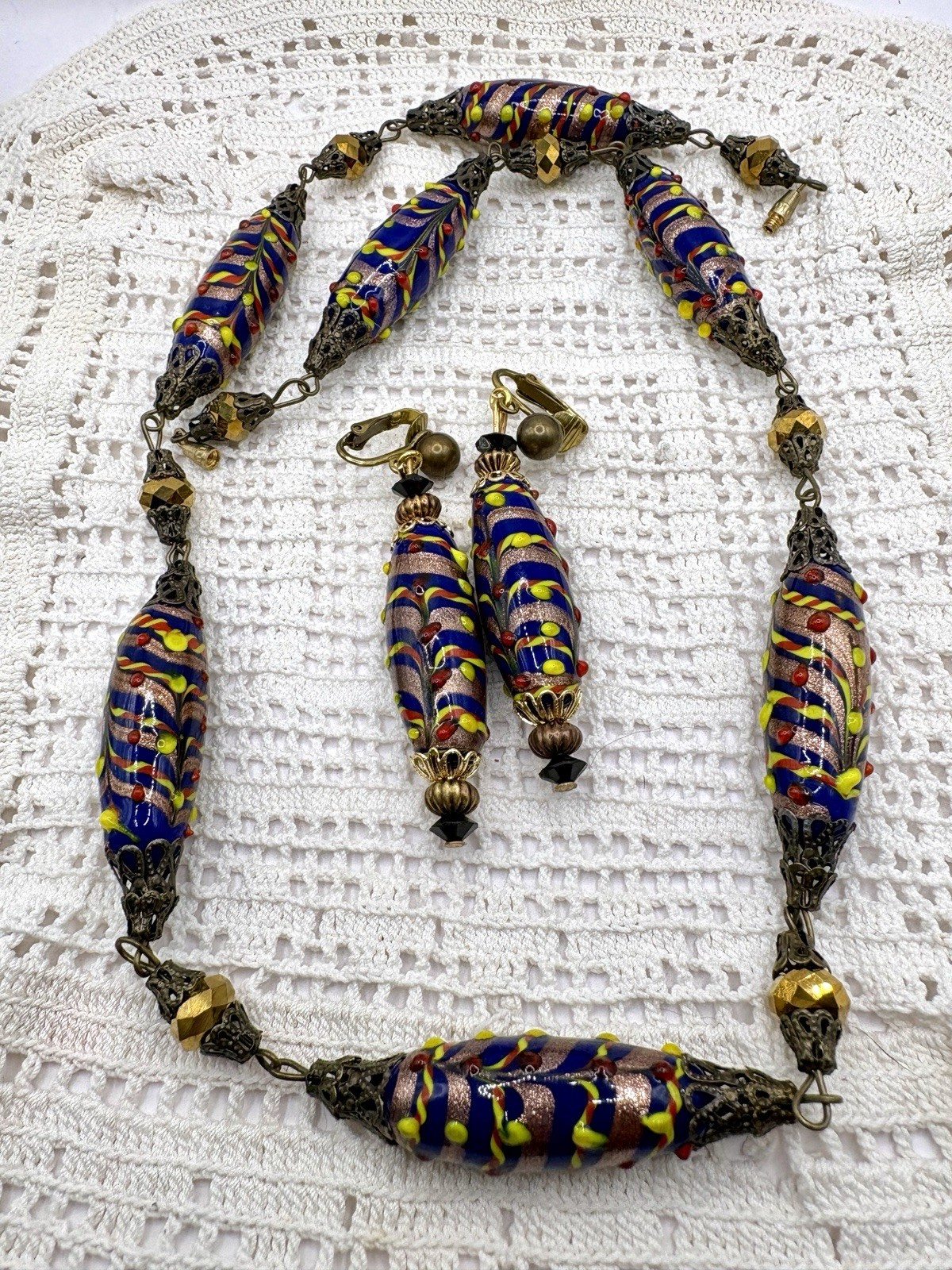 Vintage Czech Lampwork Trailed Aventurine Multicolor Bead Necklace Earring Set