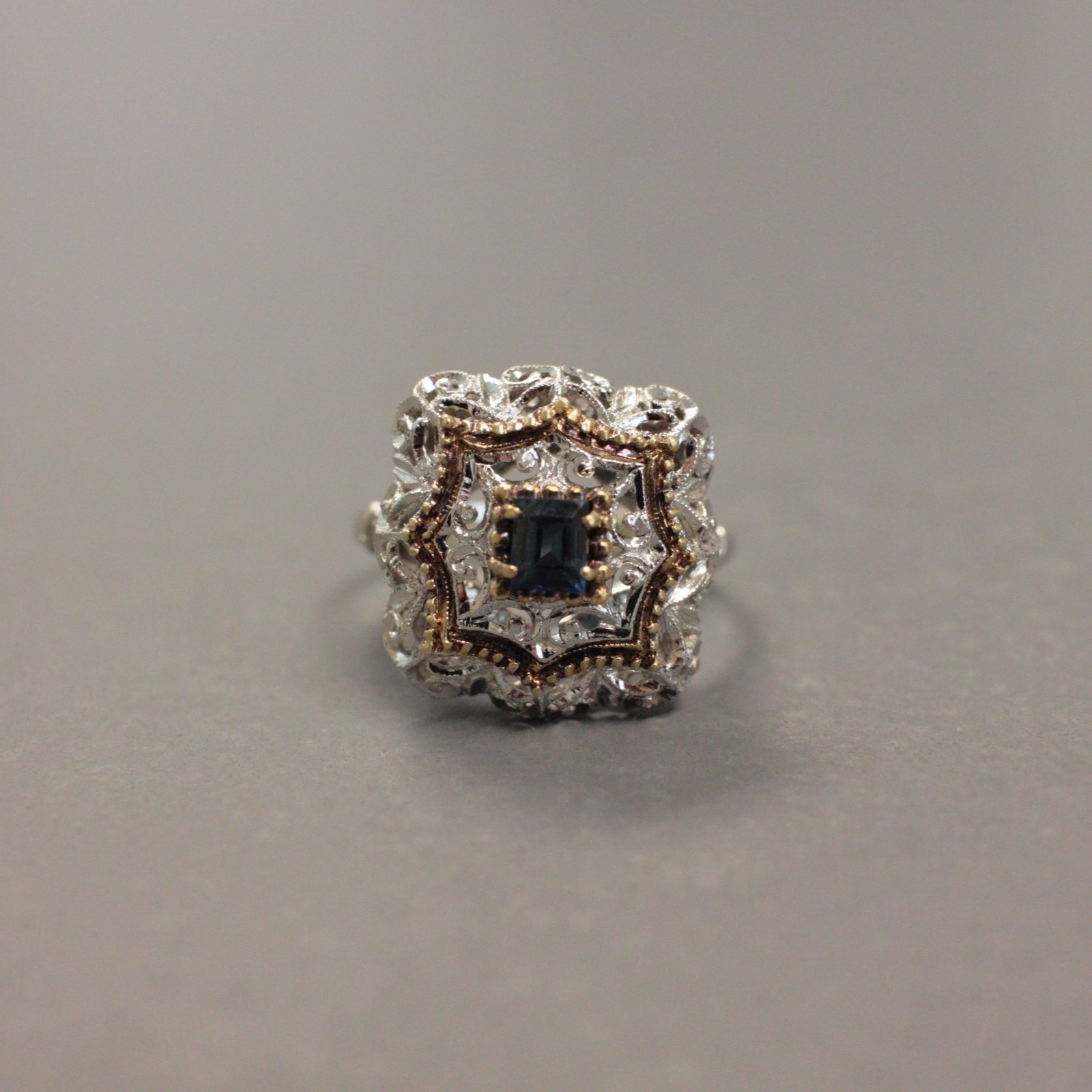Vintage 18k Gold & Natural Blue Sapphire Filigree Openwork Ring Size 6.75