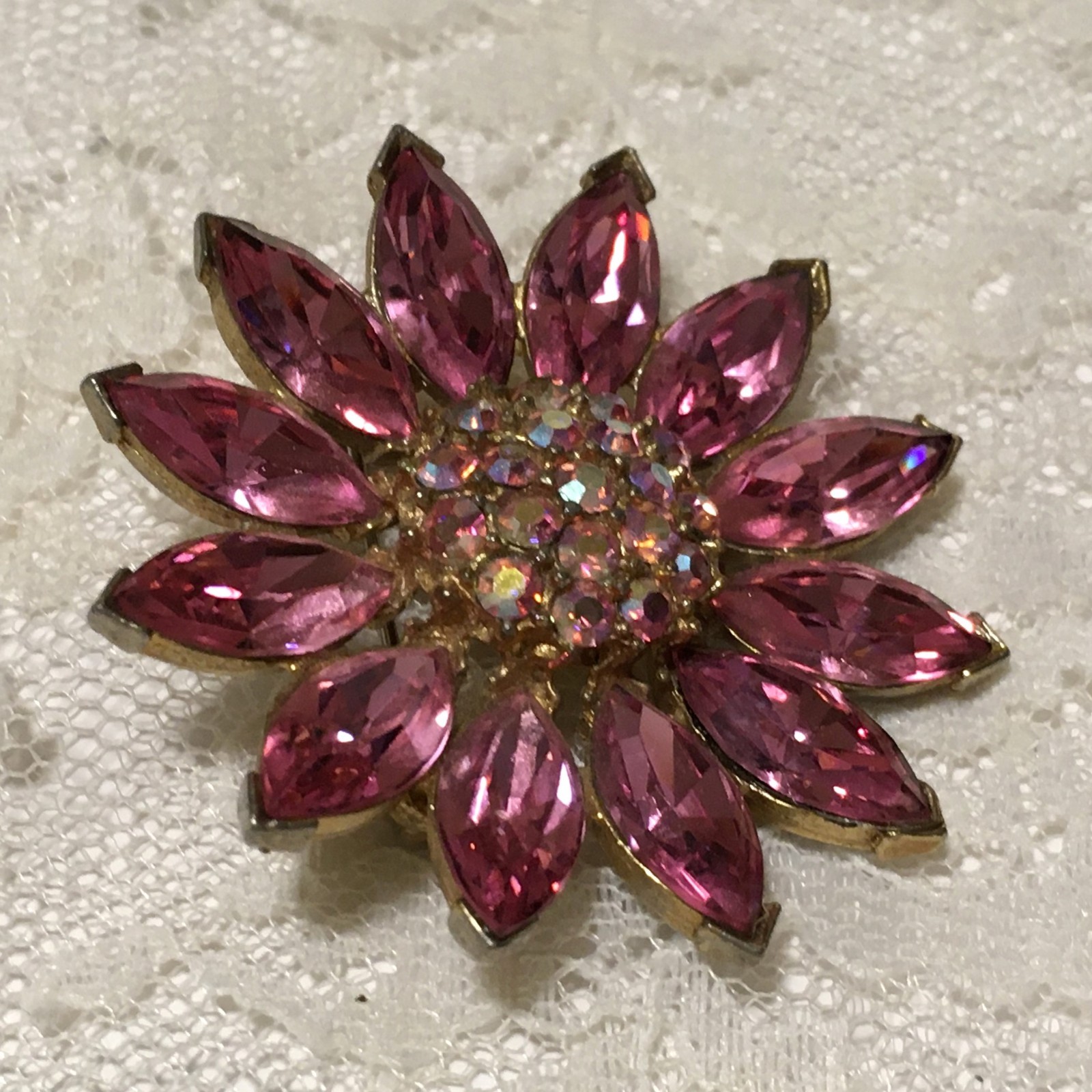 Vintage Pot Metal Brooch Gold Tone Pink Rhinestone Spring Jewelry