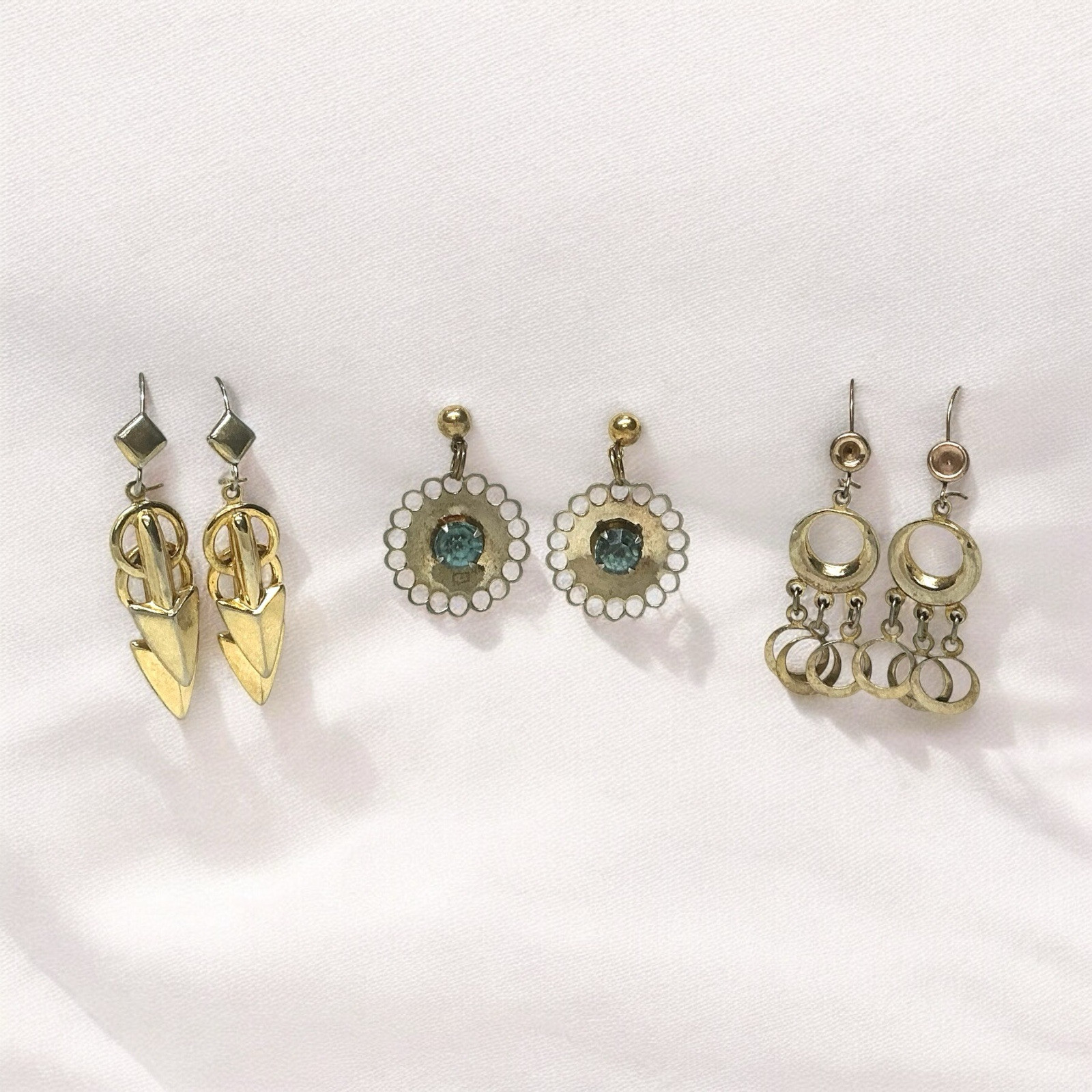 Earrings Lot of 3 Gold Tone Dangle Drop Pierced Wires & Stud Vintage 1950-1959