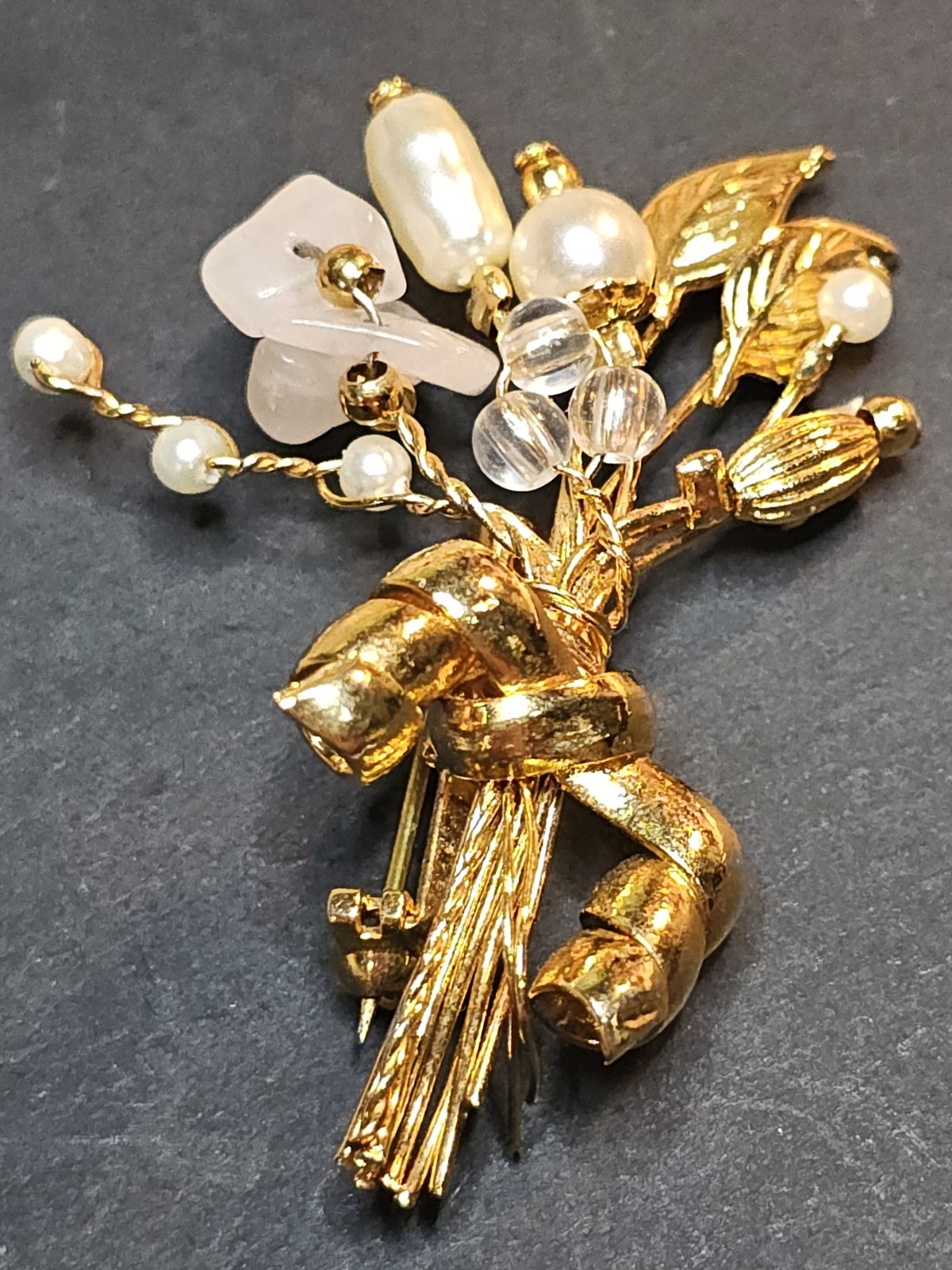 Vintage Floral Spray Brooch Gold tone Faux Pearls Pink Stone Chips Delicate Pin