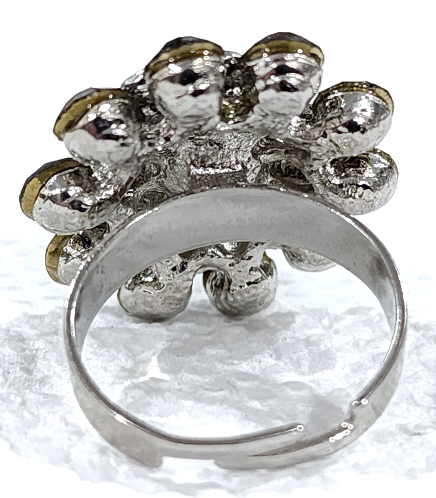 Ring Adjustable Flower Shaped Ring Black Stones plus Other Silver & Trim Vtg