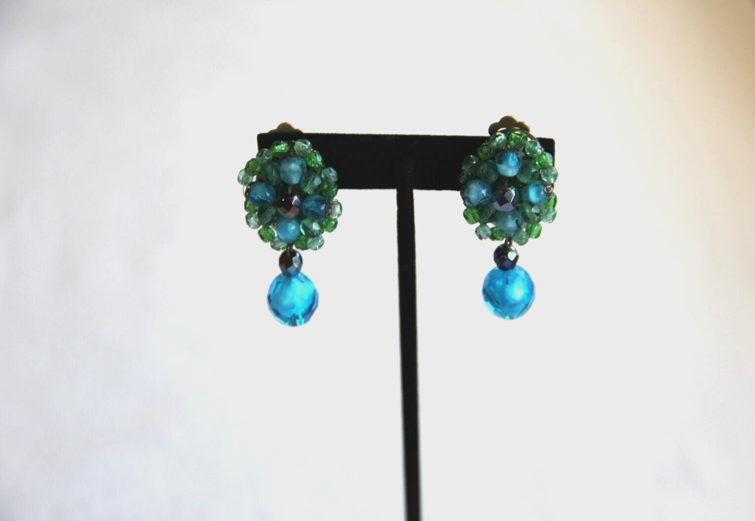 Vintage W Germany Dangle Cluster Clip Earrings Blue & Green Glass Faceted Beads