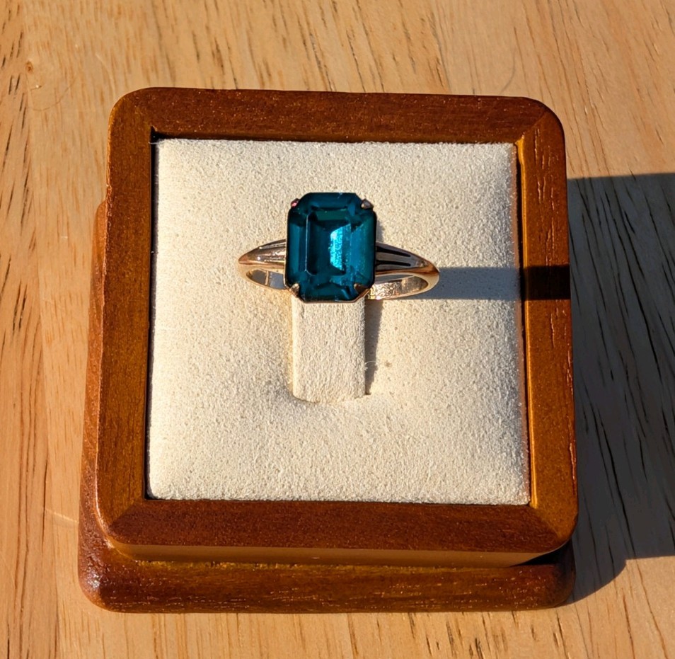 Vintage Teal Emerald Cut Statement Ring Sz 7.5 Art Deco Style Rolled Gold Plated