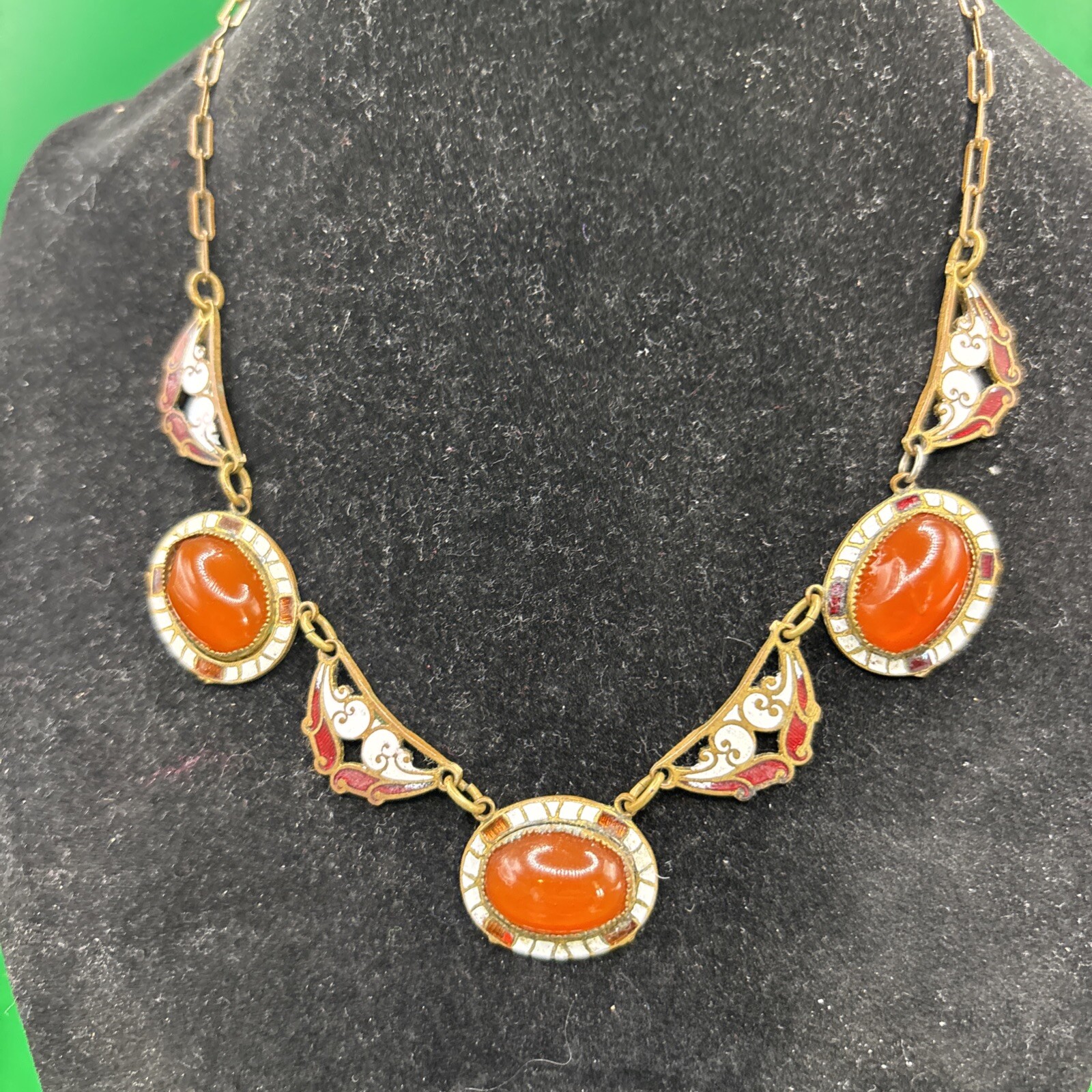 Vintage Czech Brass Gold Tone Carnelian? Cabochon Necklace Enamel