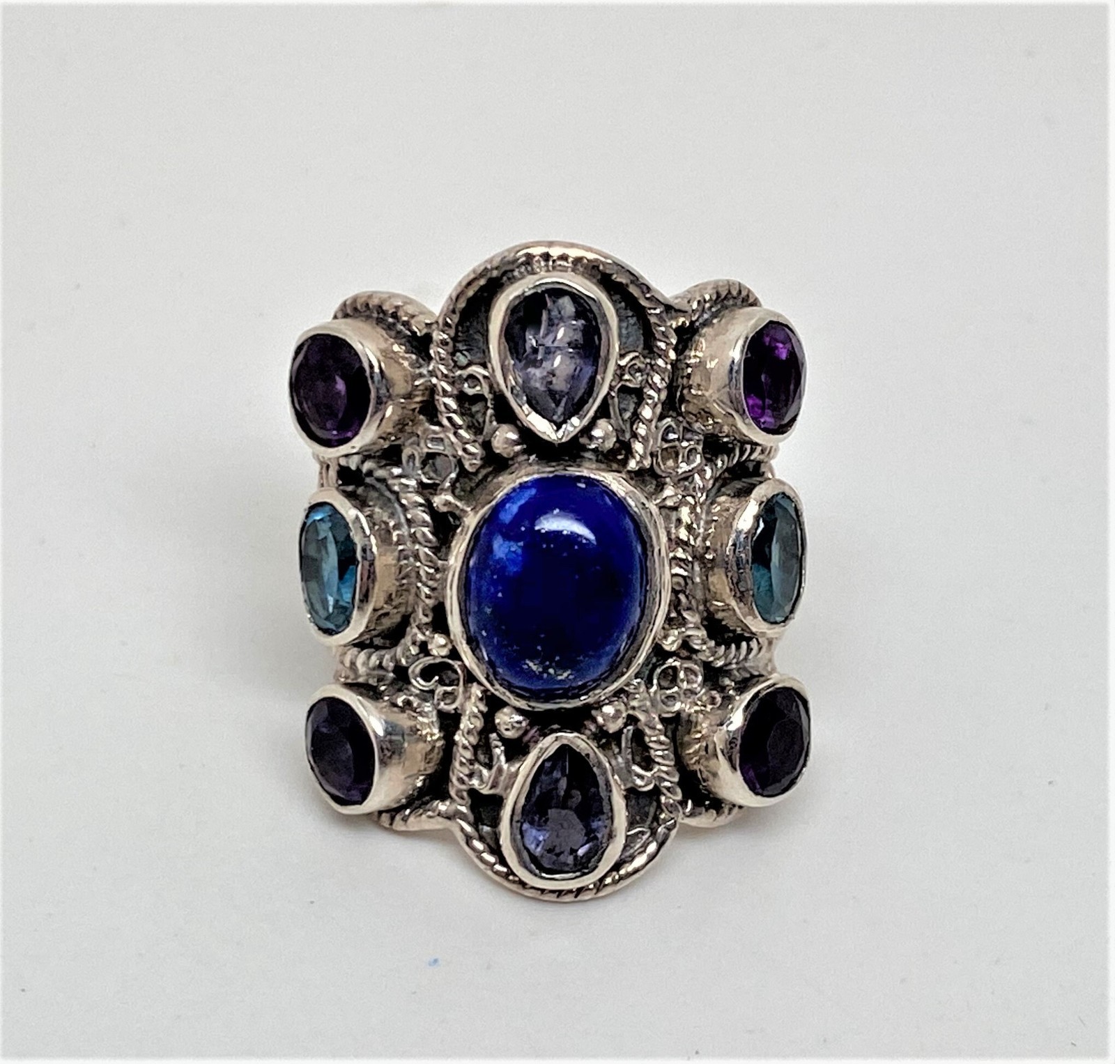 Sterling Silver .925 Lapis , Amethyst & Sapphire Cabochons Ring 8