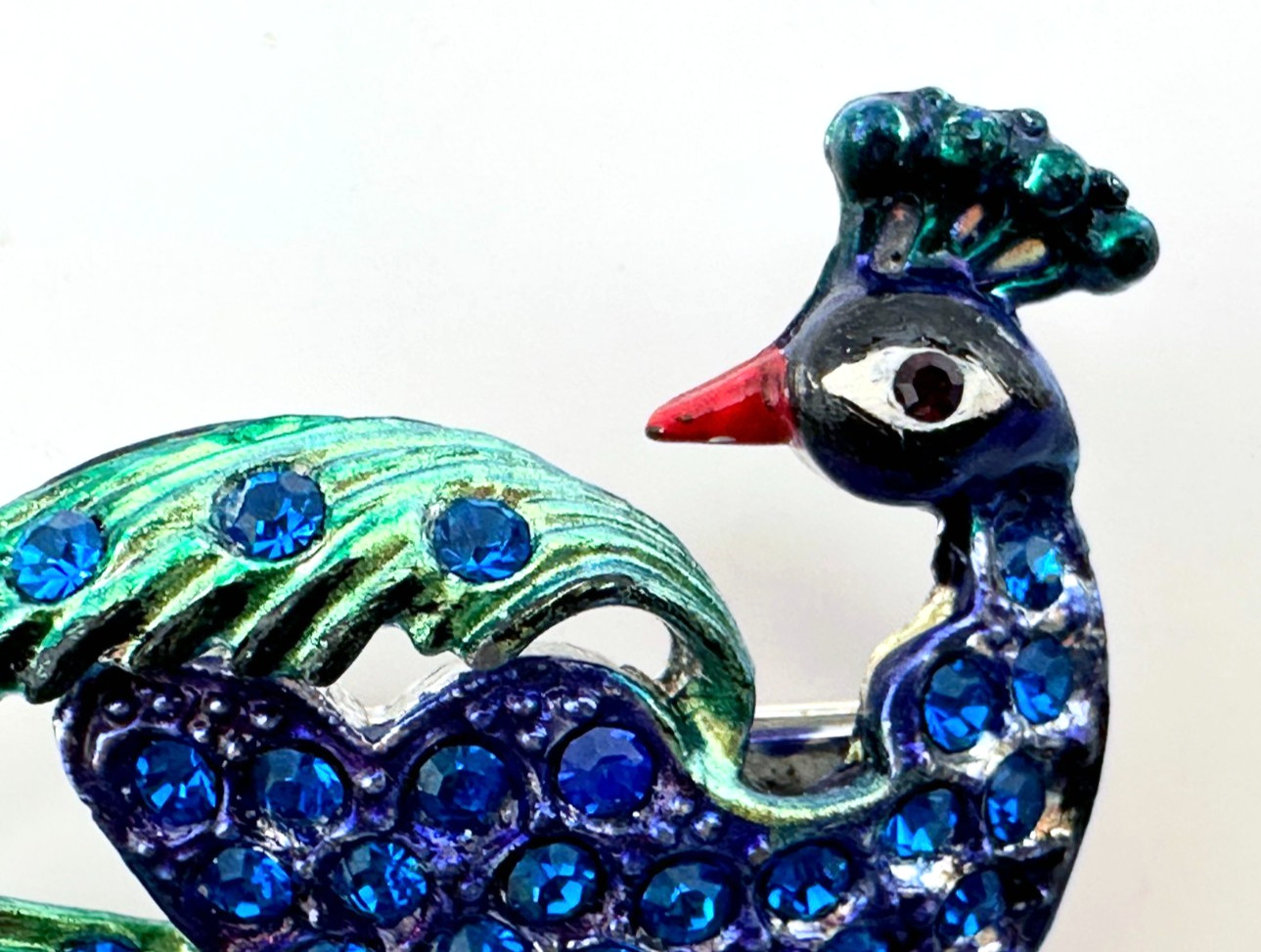 Silver Tone Multicolor Enamel & Cobalt Blue Rhinestones Peacock Brooch Vintage