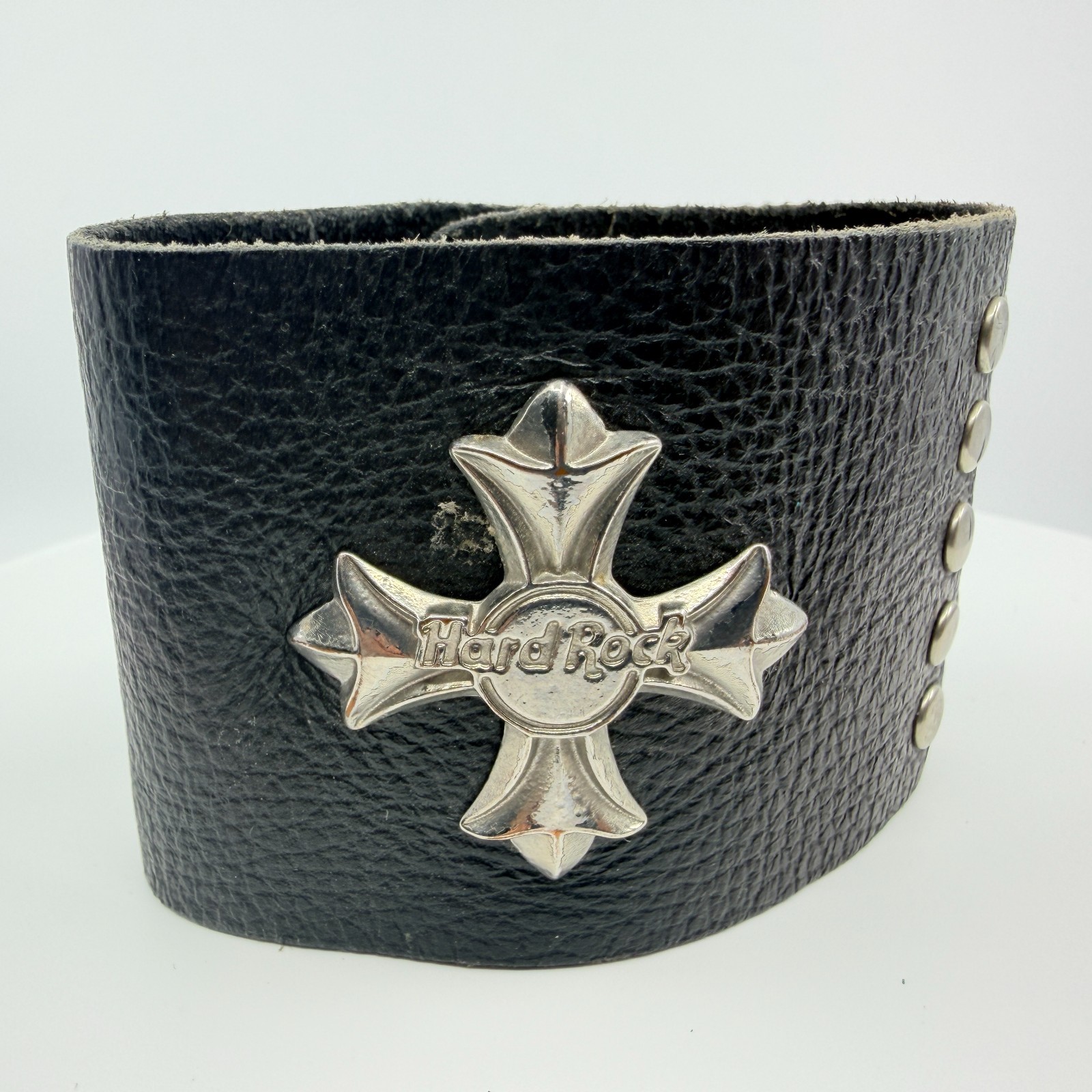 Bracelet Hard Rock Cafe Iron Cross Leather Cuff Black Silver Tone Biker Retro