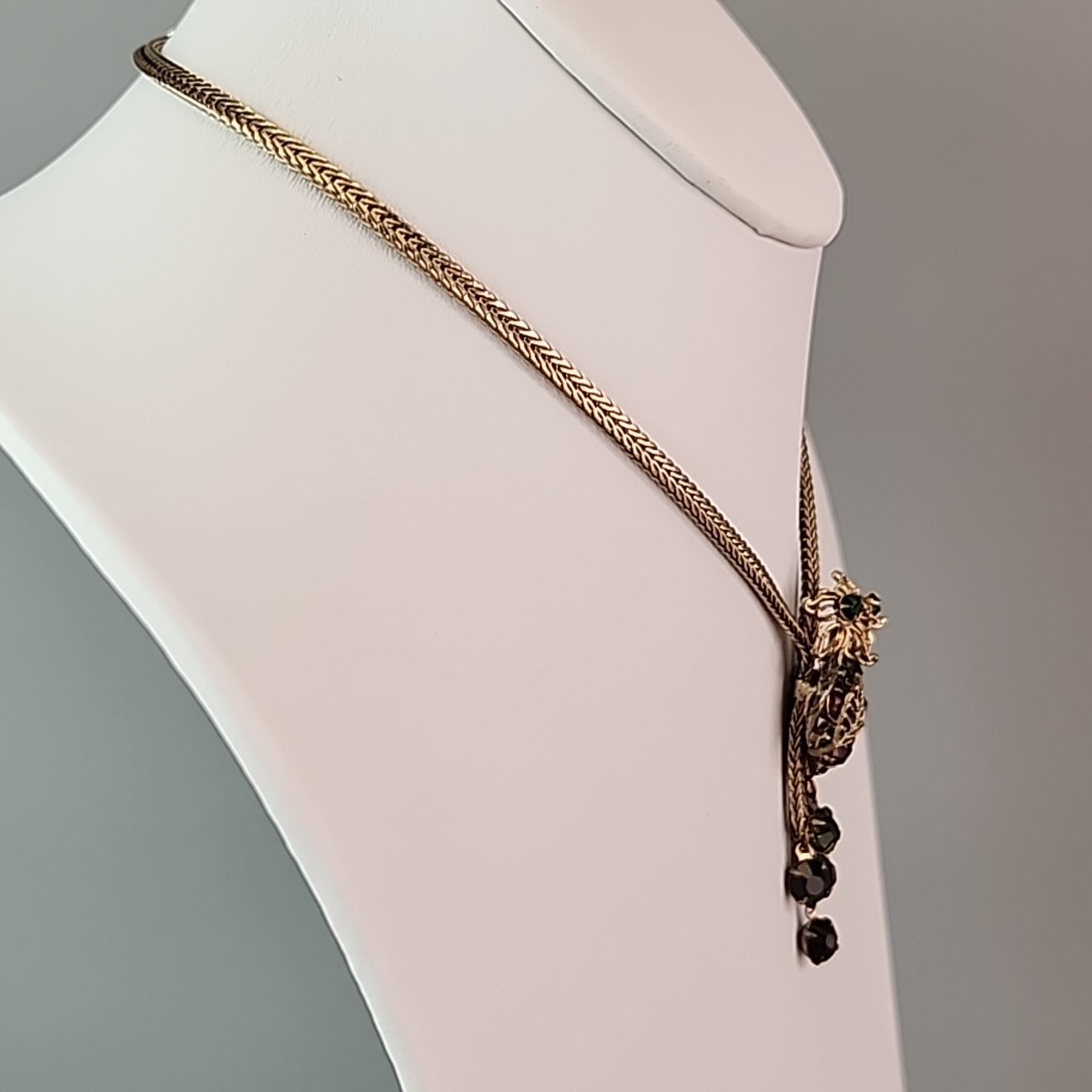 Vintage Rhinestone Necklace Purple Tassel Gold Tone Foxtail 15″