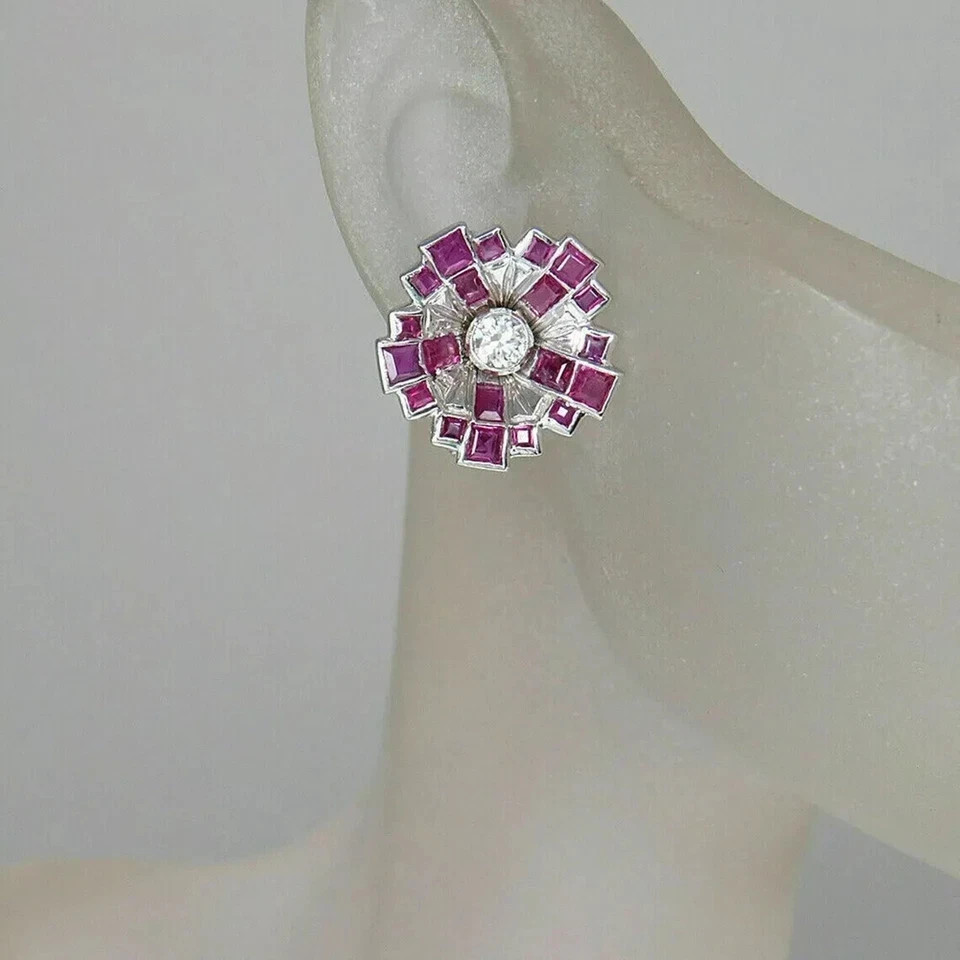 Art Deco Style Round Lab Created Diamond Ruby Wedding 14K White Gold FN Earrings